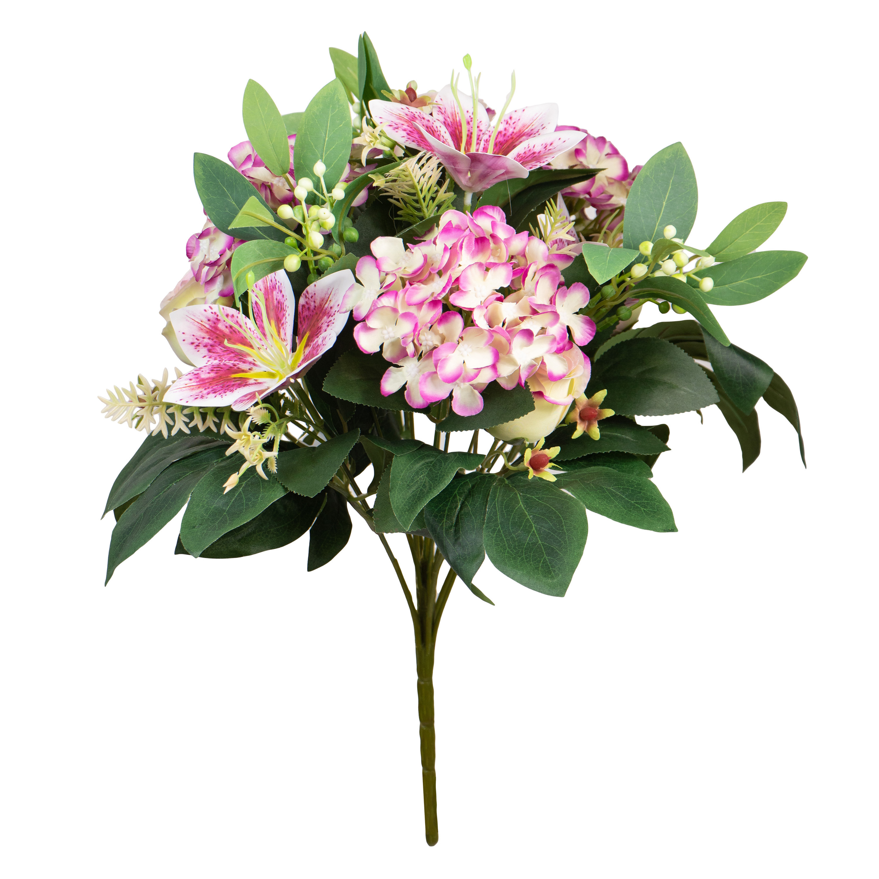 Kunstbloemen boeket roos-hortensia-lelie roze-wit H39 cm Bloemstuk Bladgroen