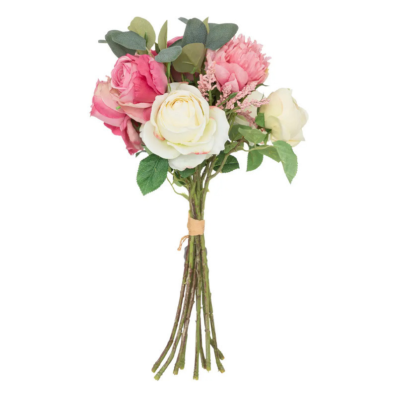 Kunstbloemen boeket Rozen 50 cm Bloemstuk groen en wit-roze tinten