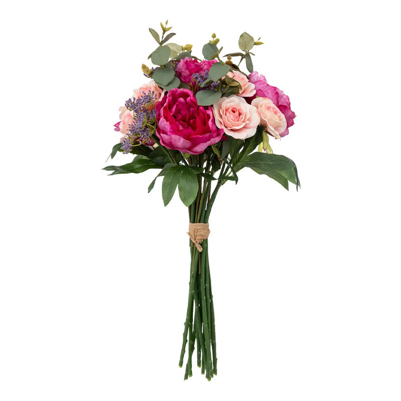 Kunstbloemen boeket Rozen 53 cm Bloemstuk groen en roze tinten