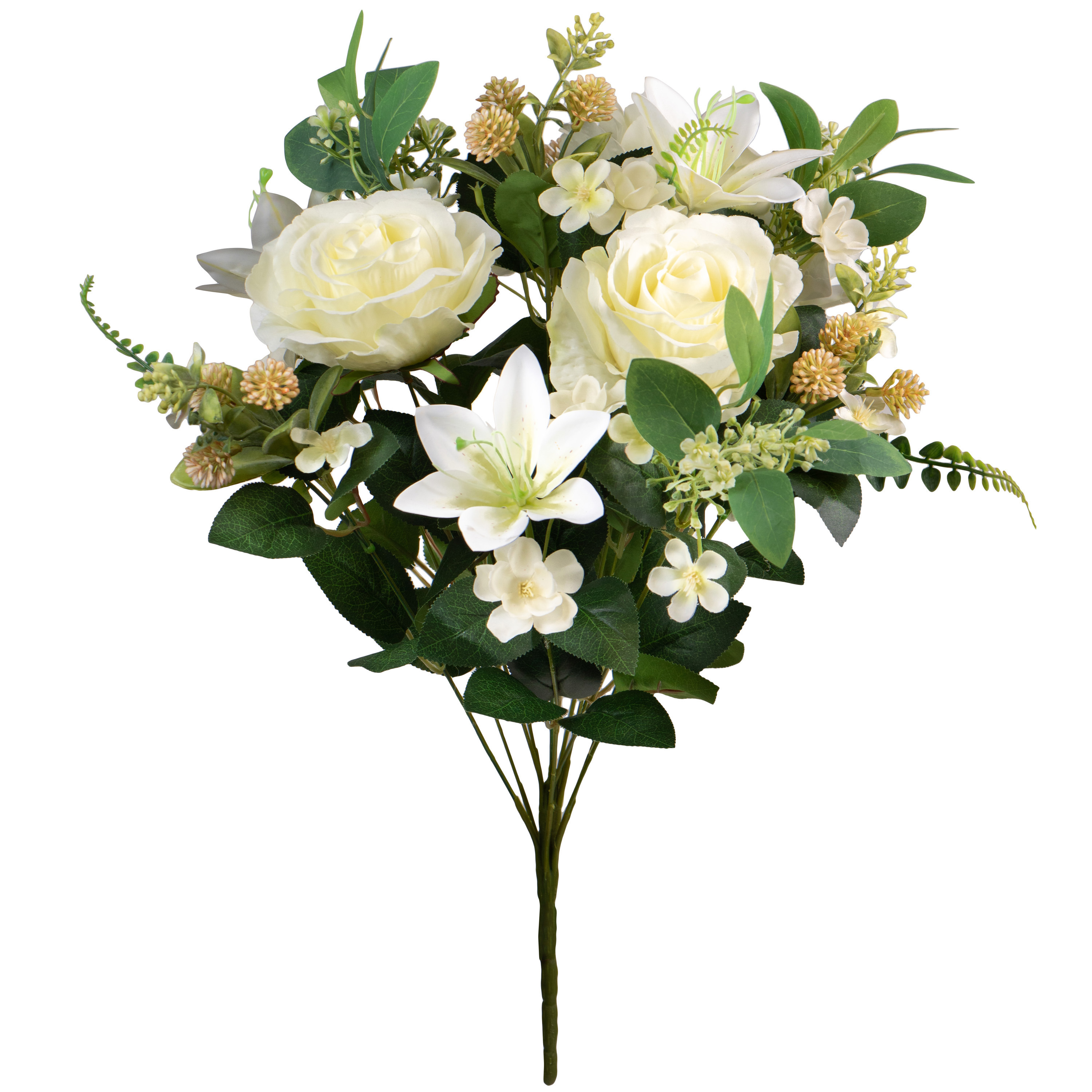 Kunstbloemen boeket rozen-lelie met bladgroen wit H50 cm Bloemstuk
