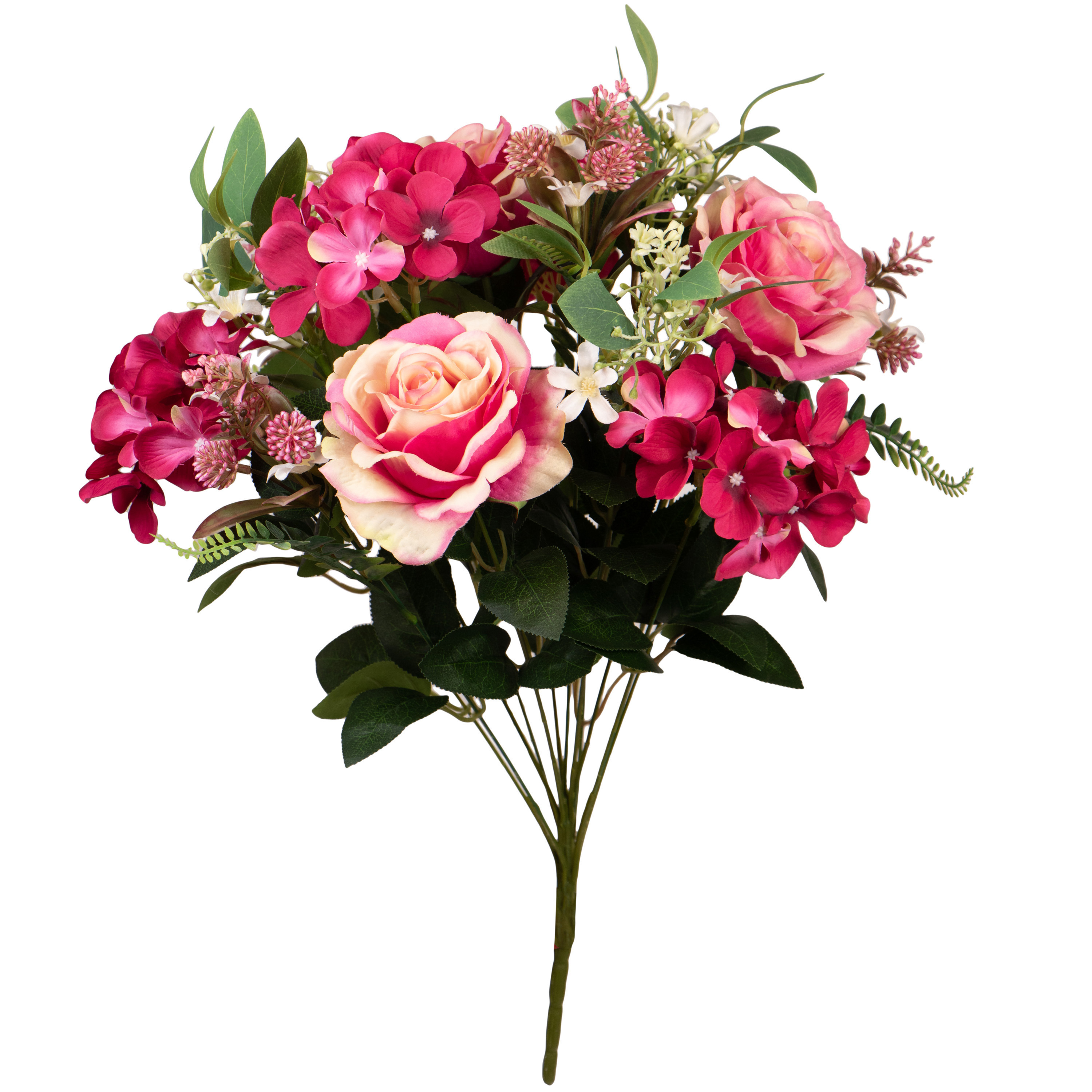 Kunstbloemen boeket rozen met bladgroen roze H52 cm Bloemstuk