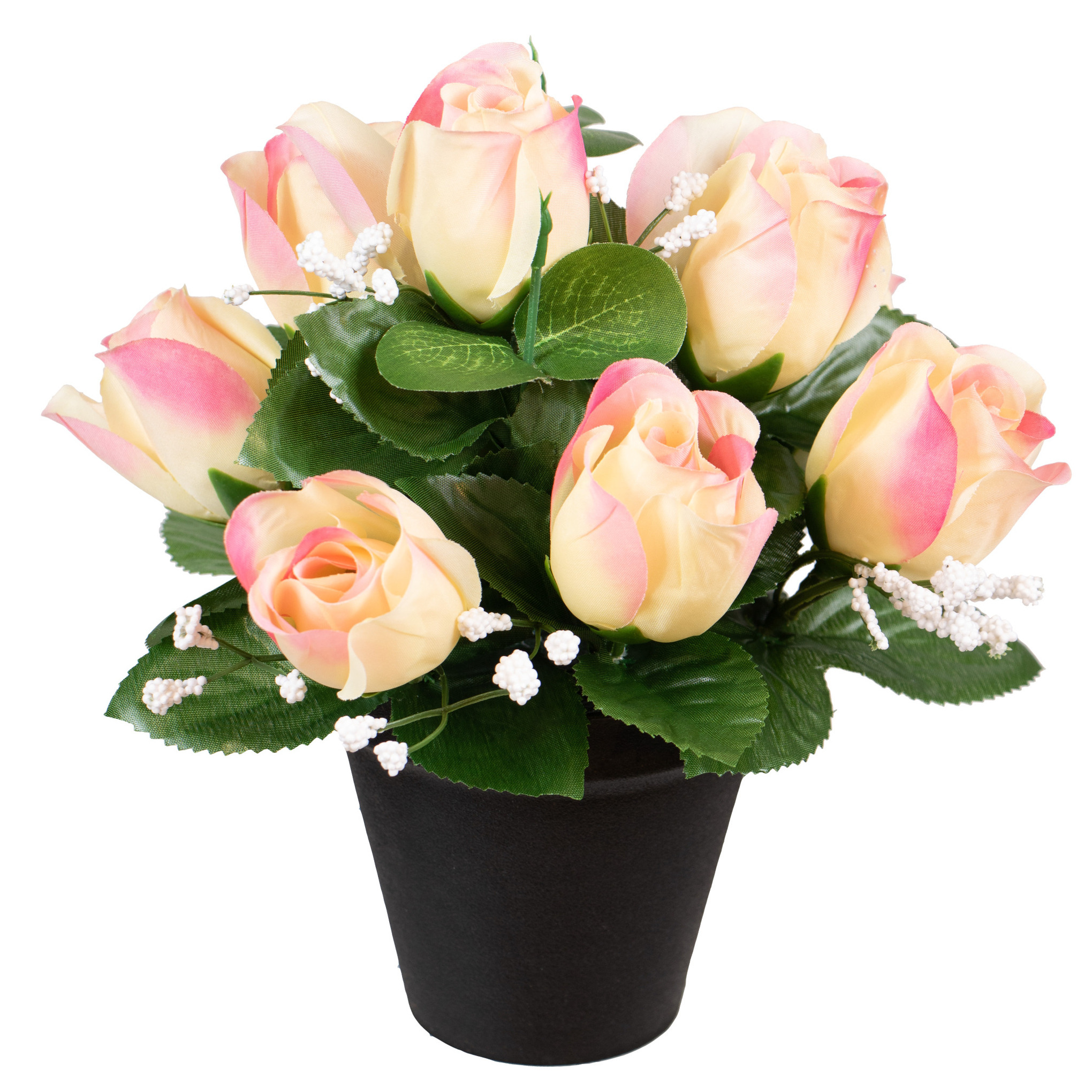 Kunstbloemen klein boeketje rozen in pot creme-lichtroze H25 cm Bloemstuk Bladgroen