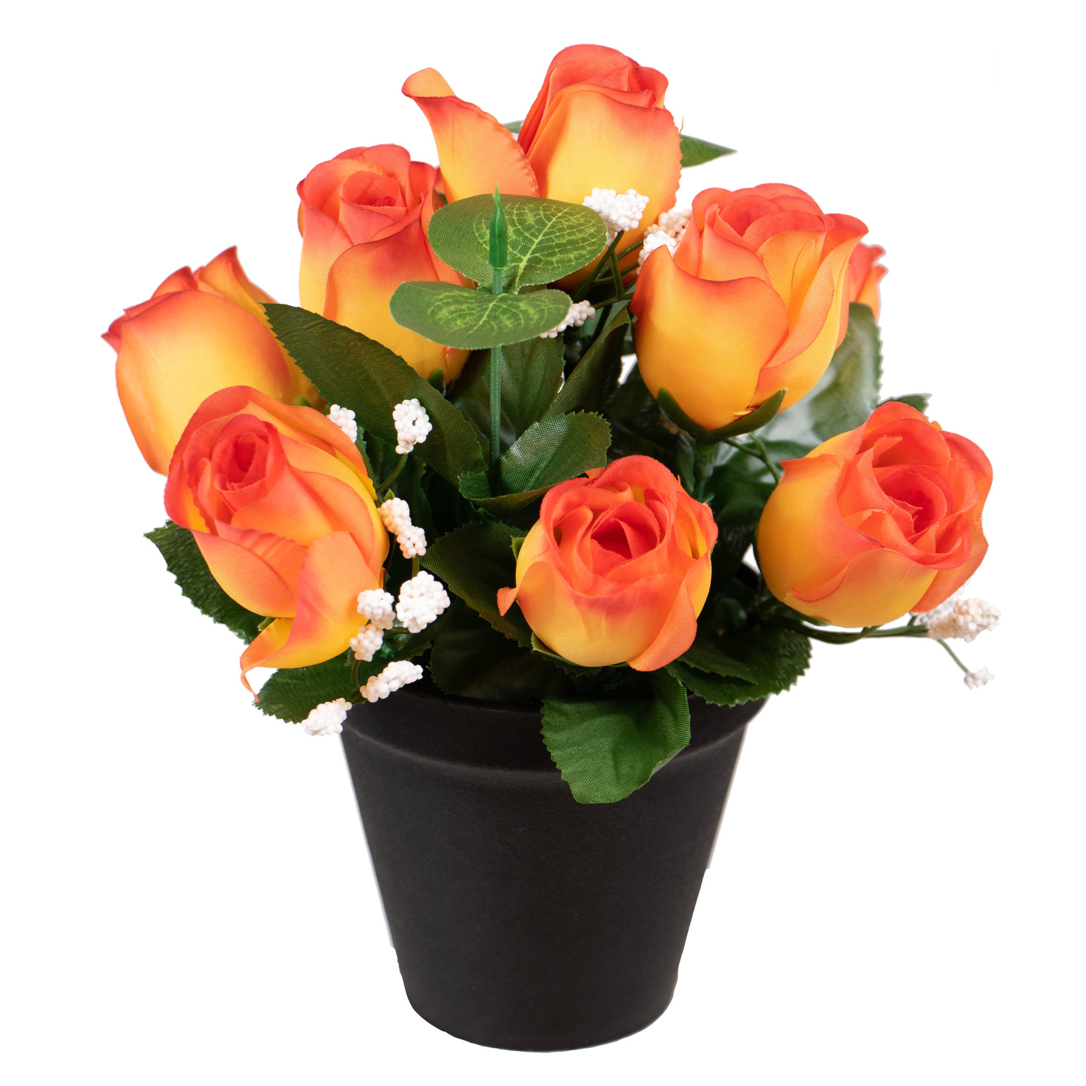 Kunstbloemen klein boeketje rozen in pot oranje H25 cm Bloemstuk Bladgroen