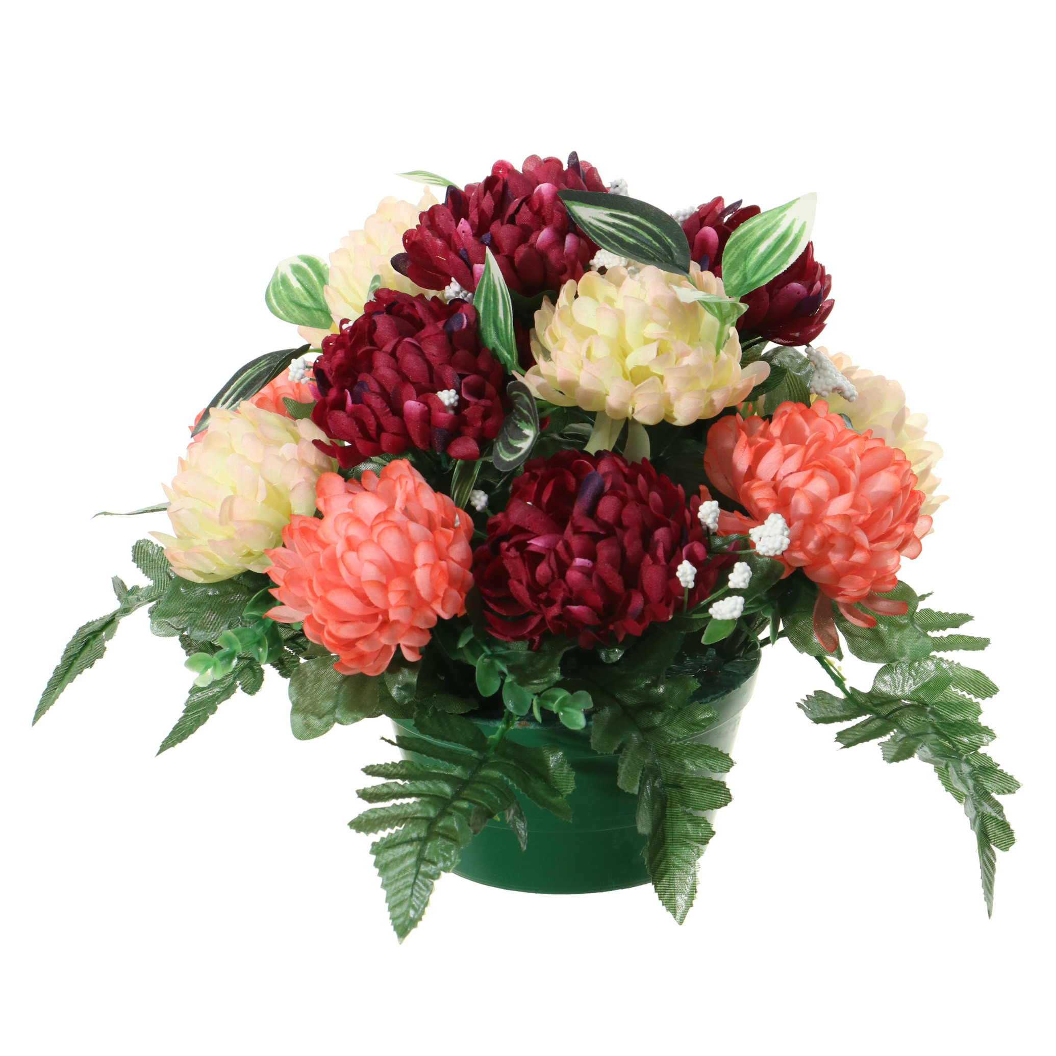 Kunstbloemen plantje crysanten in pot zalm-rood-creme D30 x H24 cm Bloemstuk Bladgroen