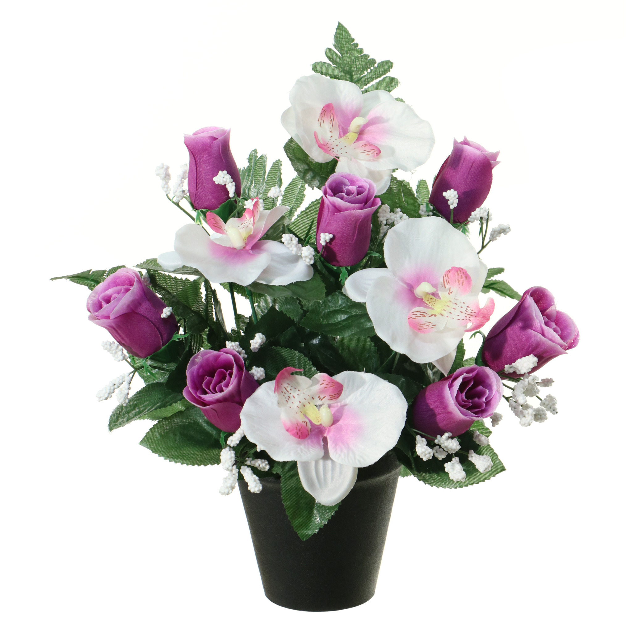 Kunstbloemen plantje in pot wit-paars 28 cm Bloemstuk ornament paars-bladgroen