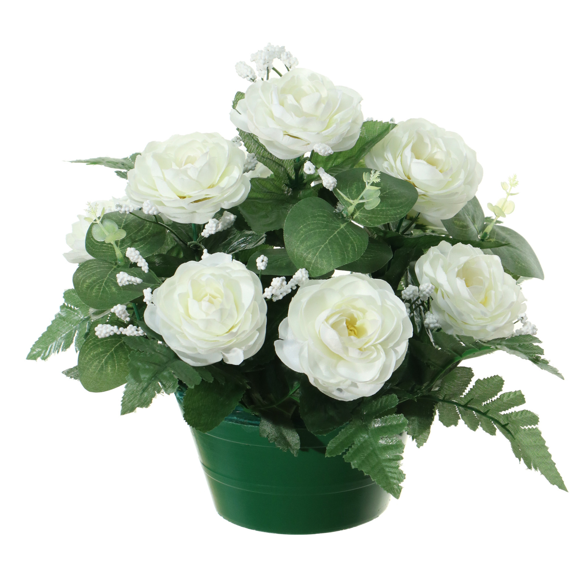 Kunstbloemen plantje rozen in pot wit 25 cm Bloemstuk ornament met bladgroen