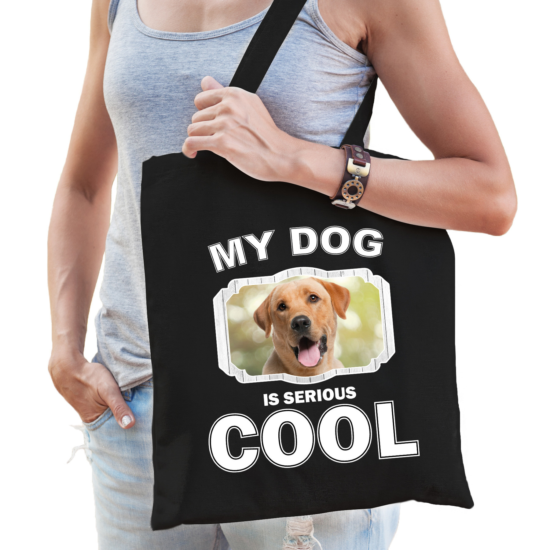 Labrador retriever honden tasje zwart volwassenen en kinderen my dog serious is cool kado boodscha