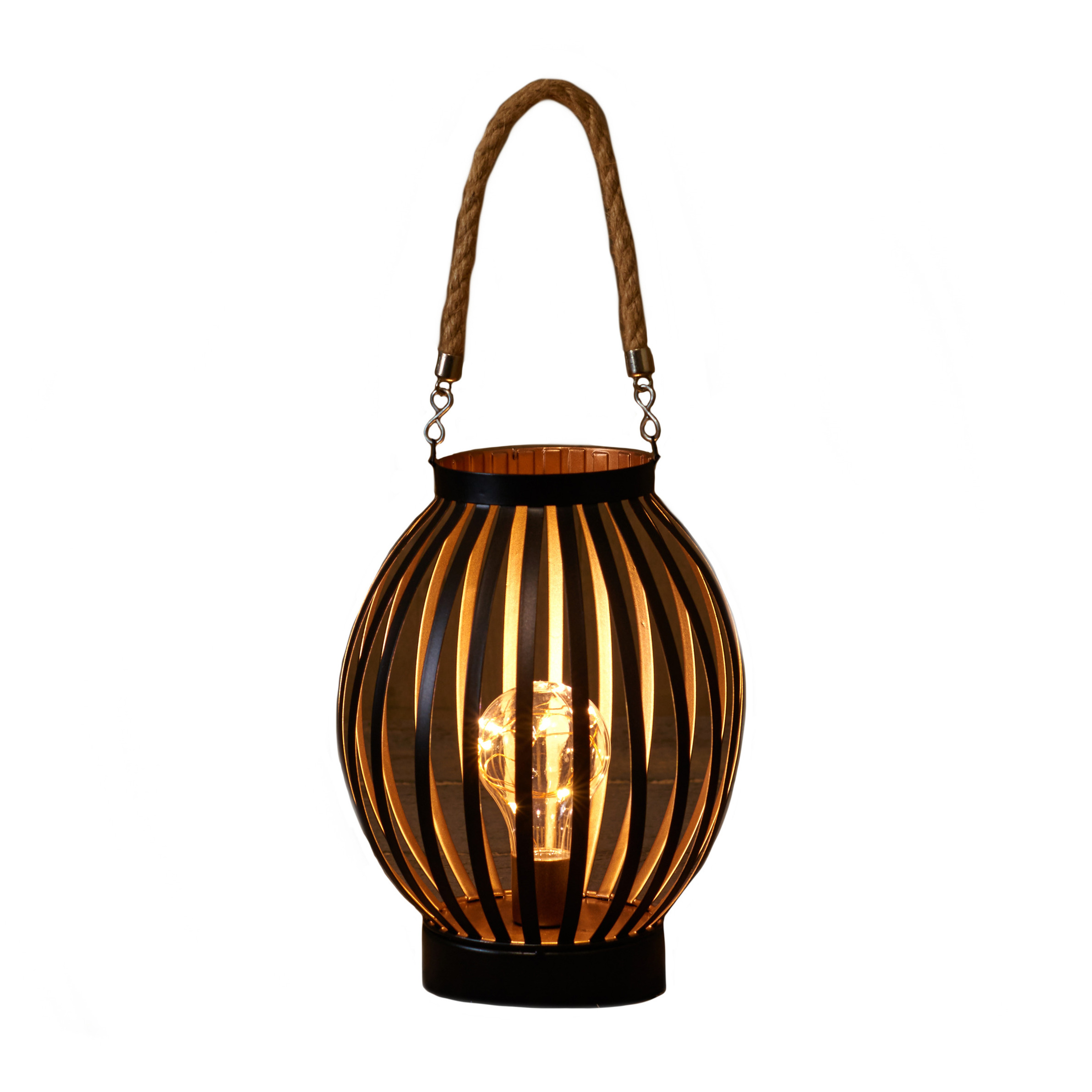 Led sfeer lantaarn-lamp zwart-goud rond met timer B16 x H22 cm