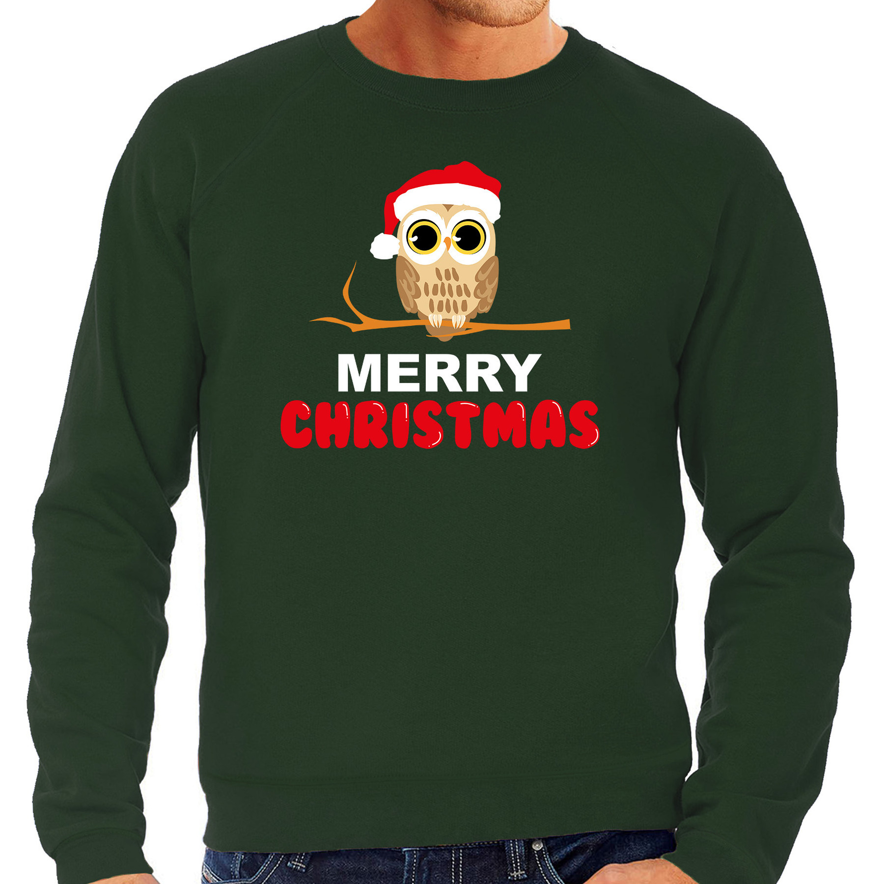Leuke dieren Kersttrui christmas uil Kerst sweater groen voor heren