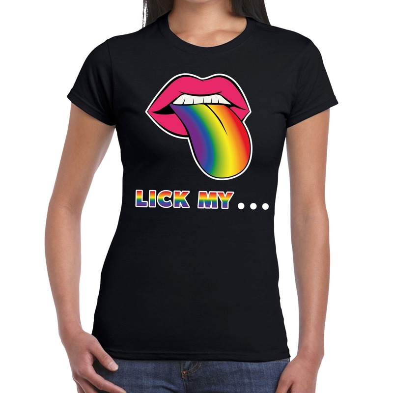 Lick my...mond-tong regenboog gay pride t-shirt zwart voor dames