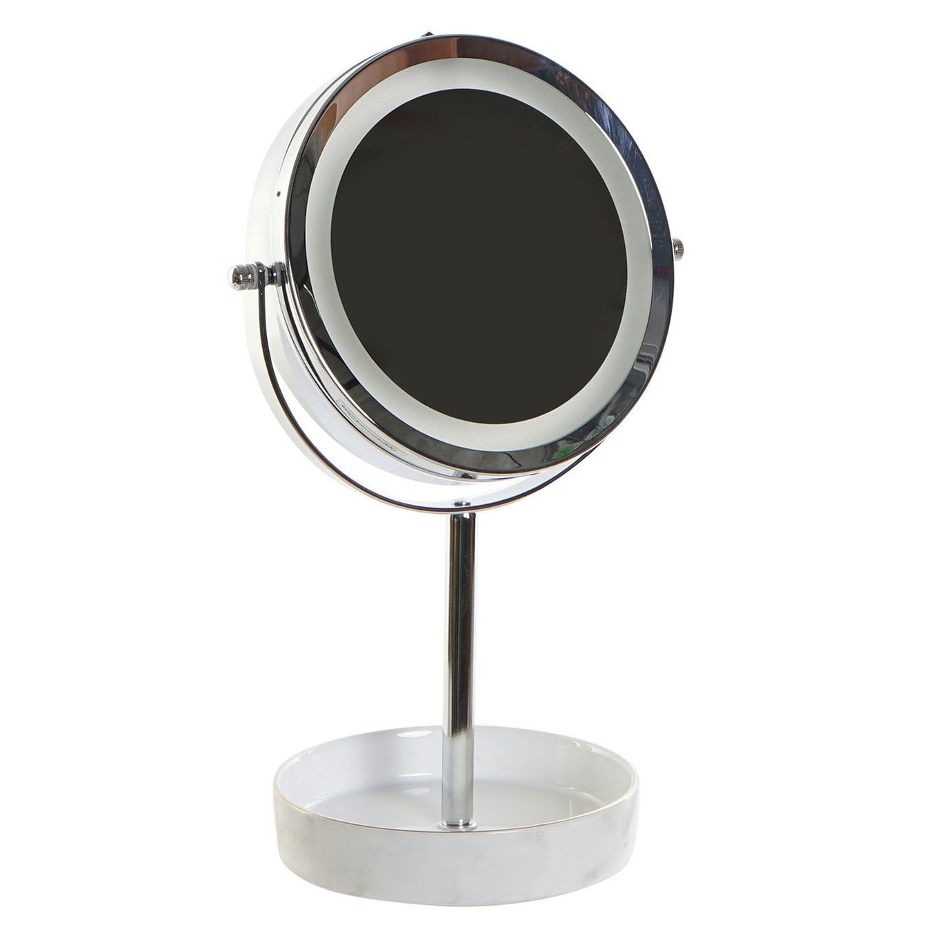 Luxe badkamerspiegel-make-up spiegel met LED verlichting rond zilver metaal D15 x H33 cm
