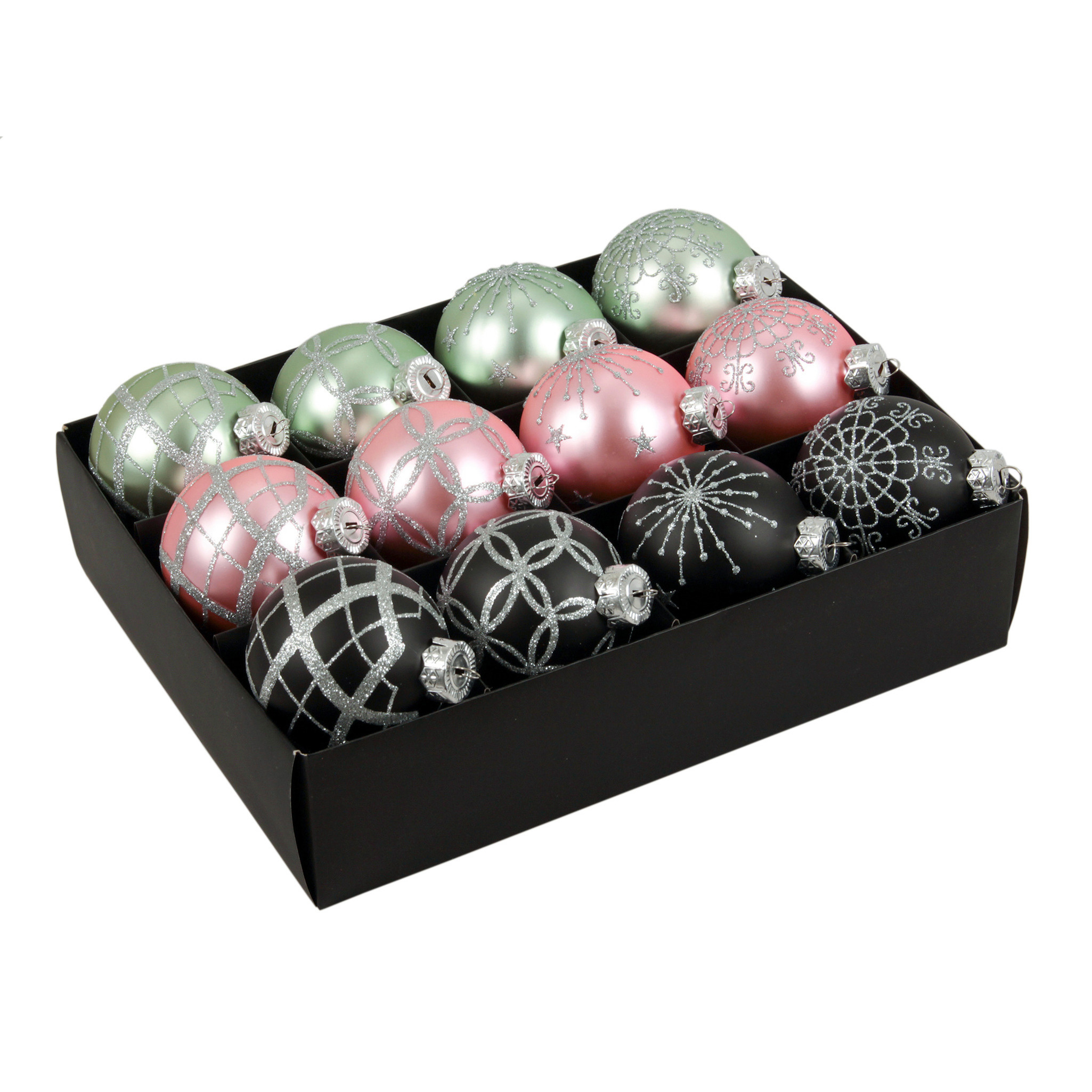 Luxe gedecoreerde kerstballen 12x st mintgroen-lichtroze-bruin 7,5 cm
