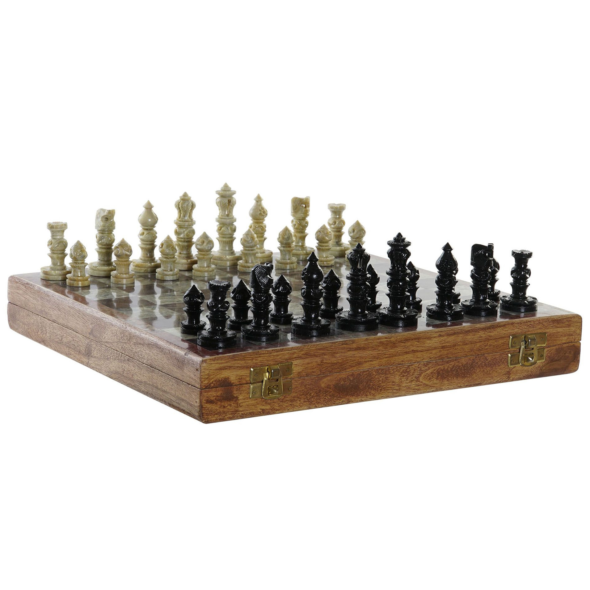 Luxe houten schaakspel in kist-koffer met stenen schaakstukken 30 x 30 cm