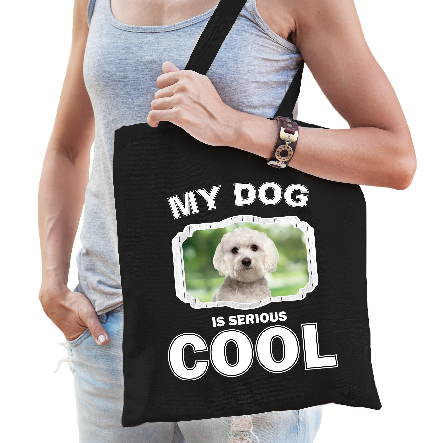 Maltezer honden tasje zwart volwassenen en kinderen my dog serious is cool kado boodschappentasje