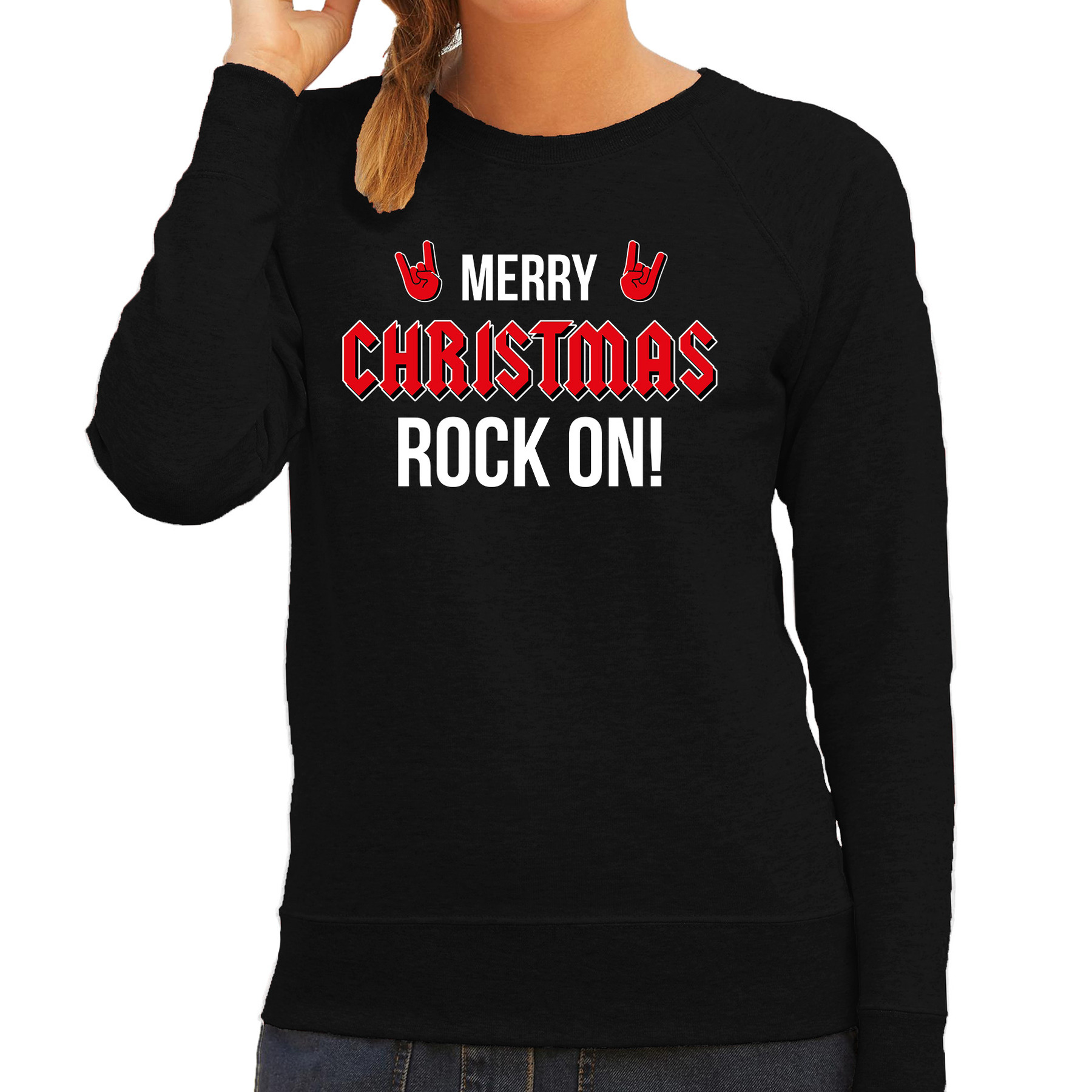 Merry Christmas Rock on foute Kerstsweater-Kersttrui zwart voor dames