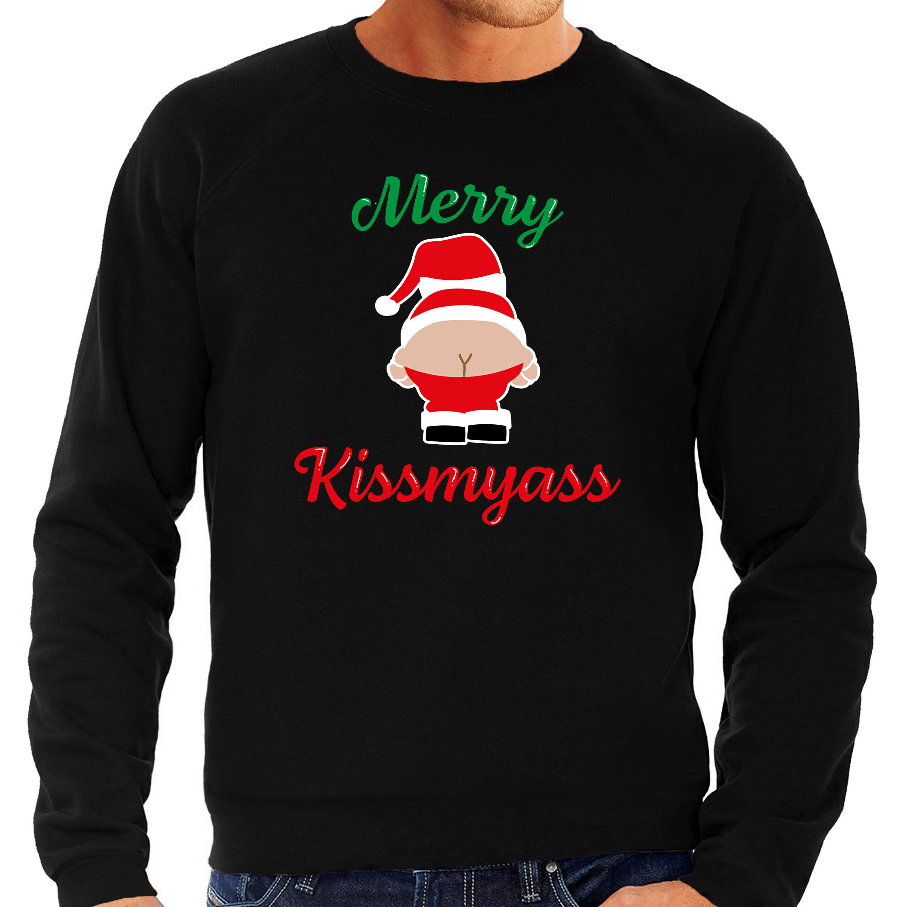 Merry Kissmyass foute Kerstsweater-Kersttrui zwart voor heren