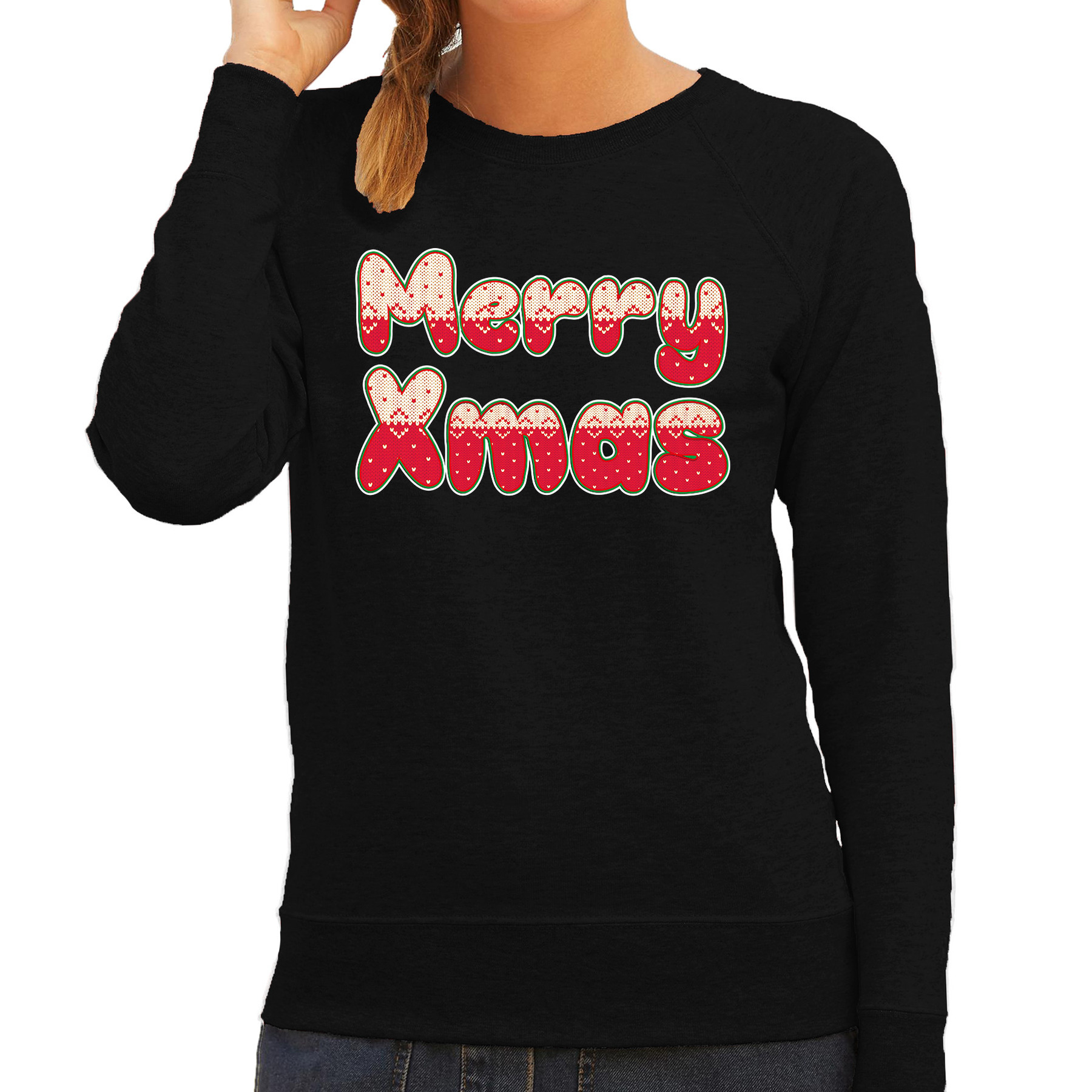 Merry xmas fout Kerst sweater-trui zwart voor dames