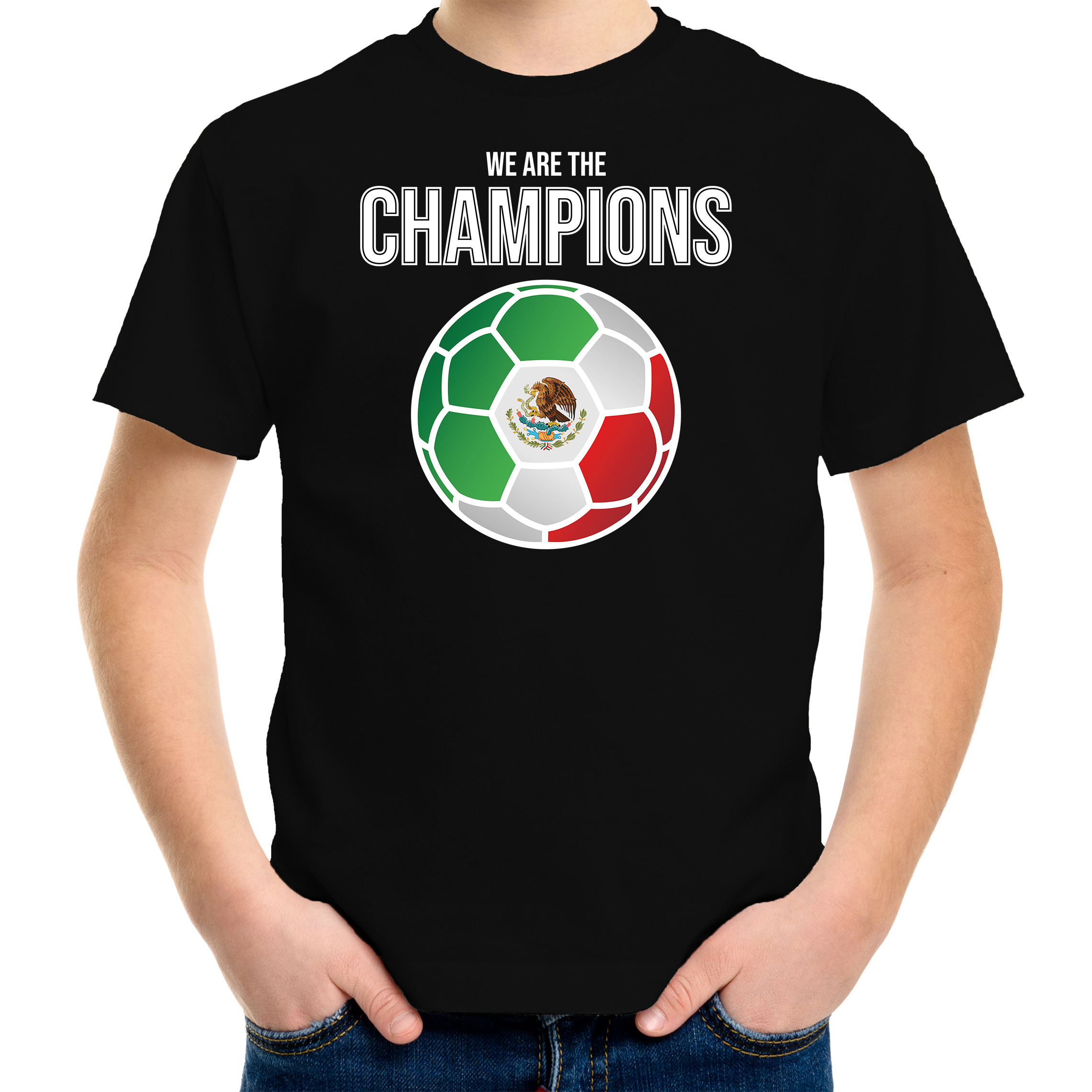 Mexico WK supporter t-shirt we are the champions met Mexicaanse voetbal zwart kinderen