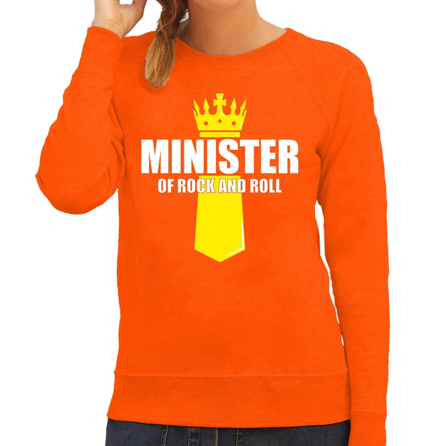 Minister of rock N roll met kroontje Koningsdag sweater-trui oranje voor dames