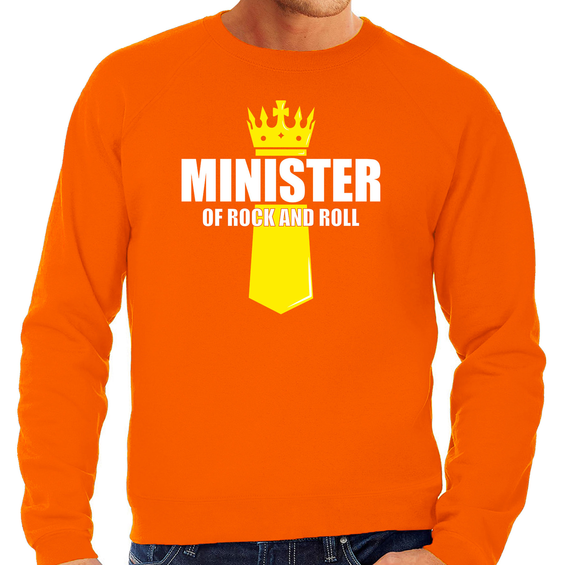 Minister of rock N roll met kroontje Koningsdag sweater-trui oranje voor heren