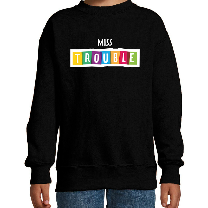Miss trouble fun tekst sweater zwart kids