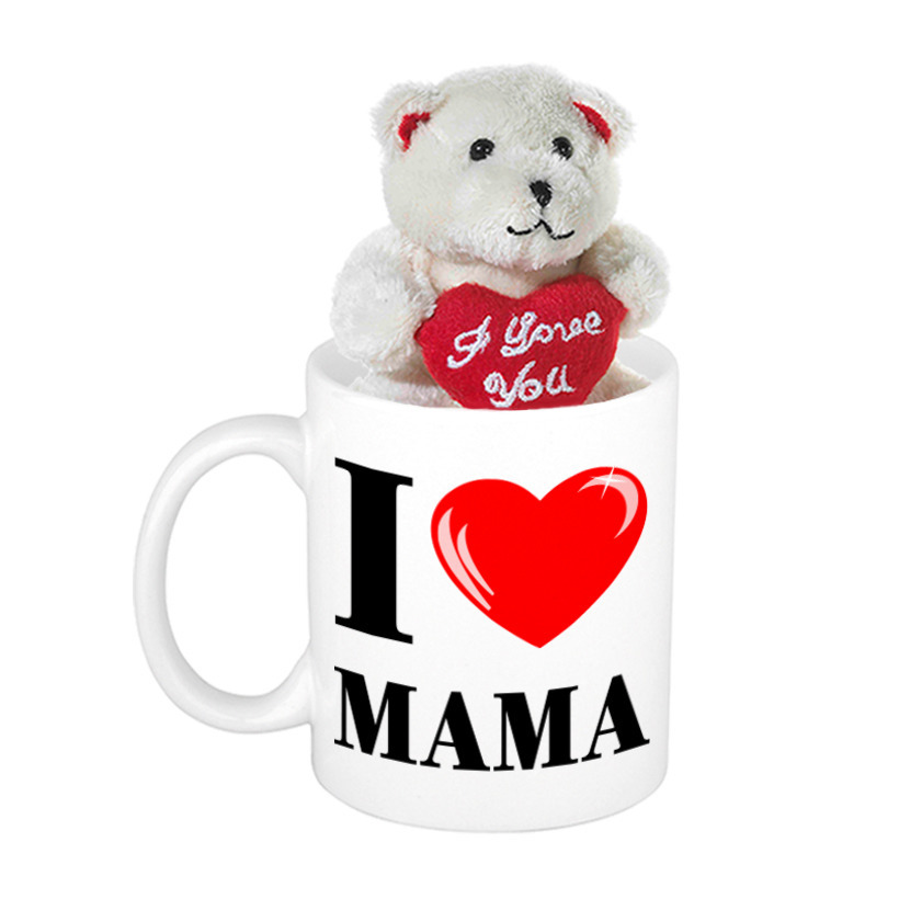 Moederdag cadeau I Love Mama beker-mok 300 ml met beige knuffelbeertje met love hartje