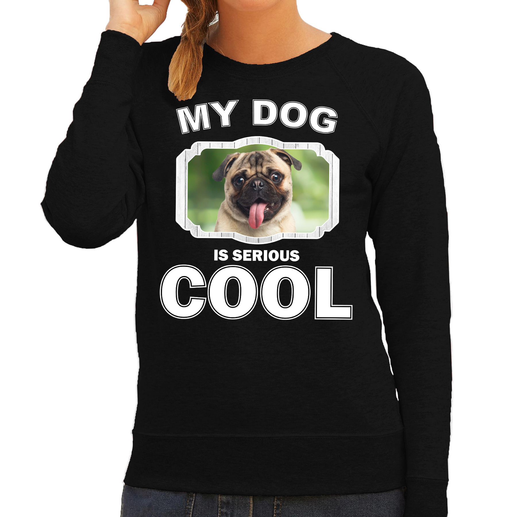 Mopshond honden sweater-trui my dog is serious cool zwart voor dames