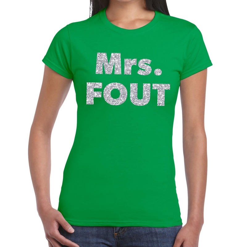 Mrs. Fout zilver glitter tekst t-shirt groen dames
