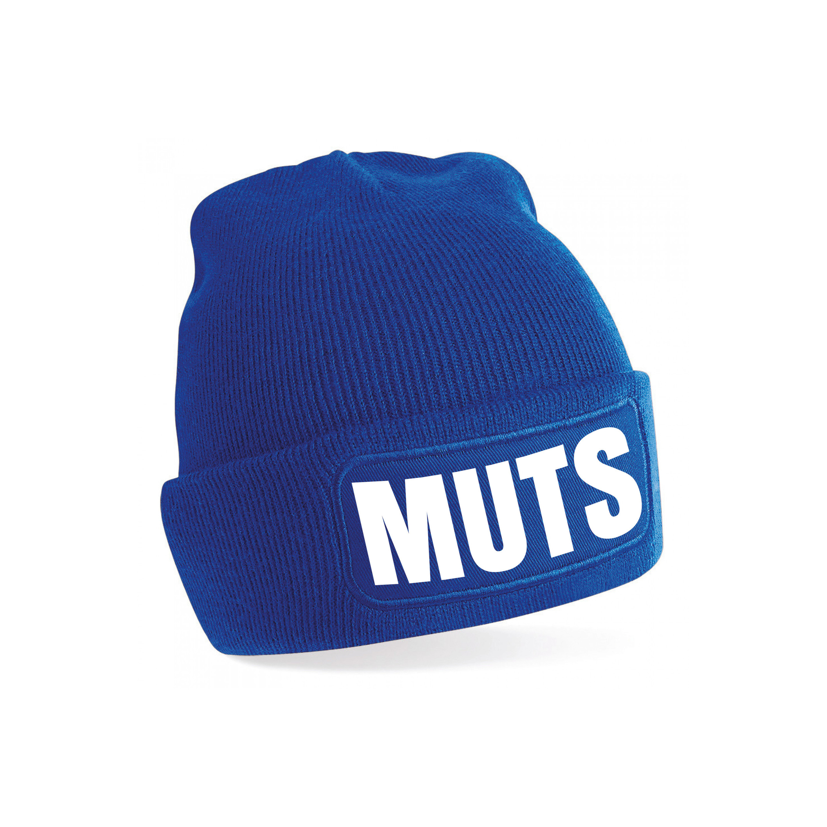 Muts-beanie met grappige tekst one size unisex blauw