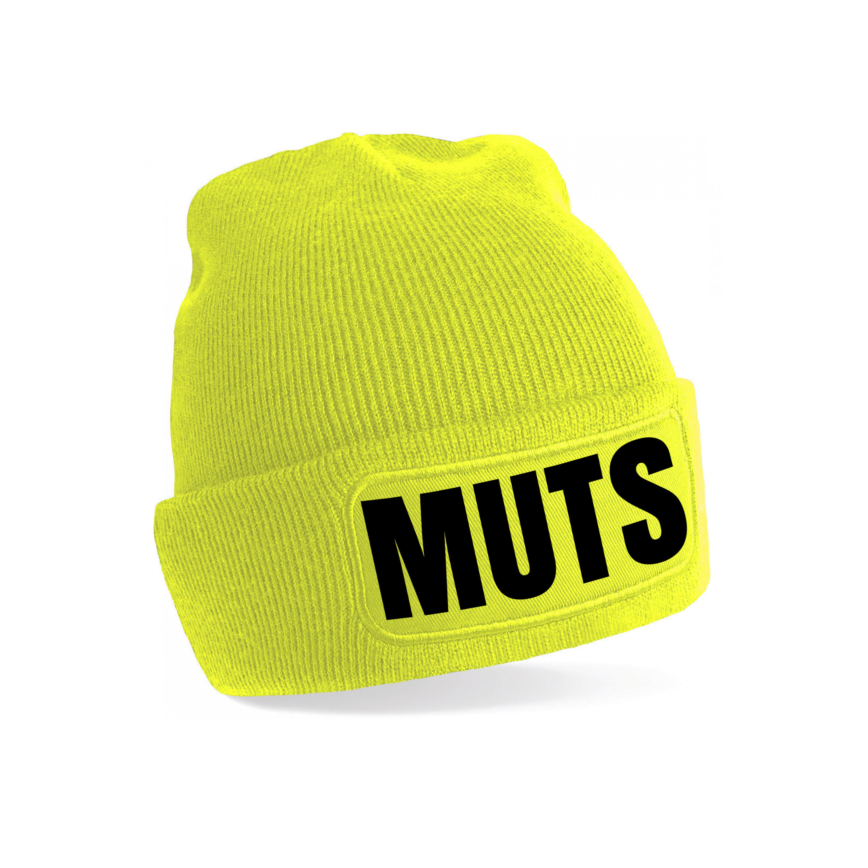 Muts-beanie met grappige tekst one size unisex geel