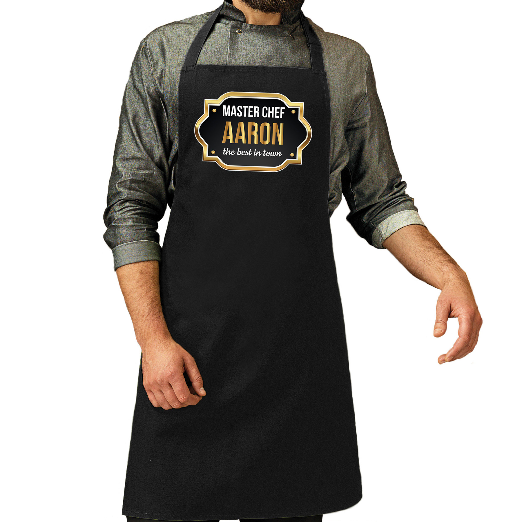 Naam cadeau master chef schort Aaron zwart keukenschort cadeau