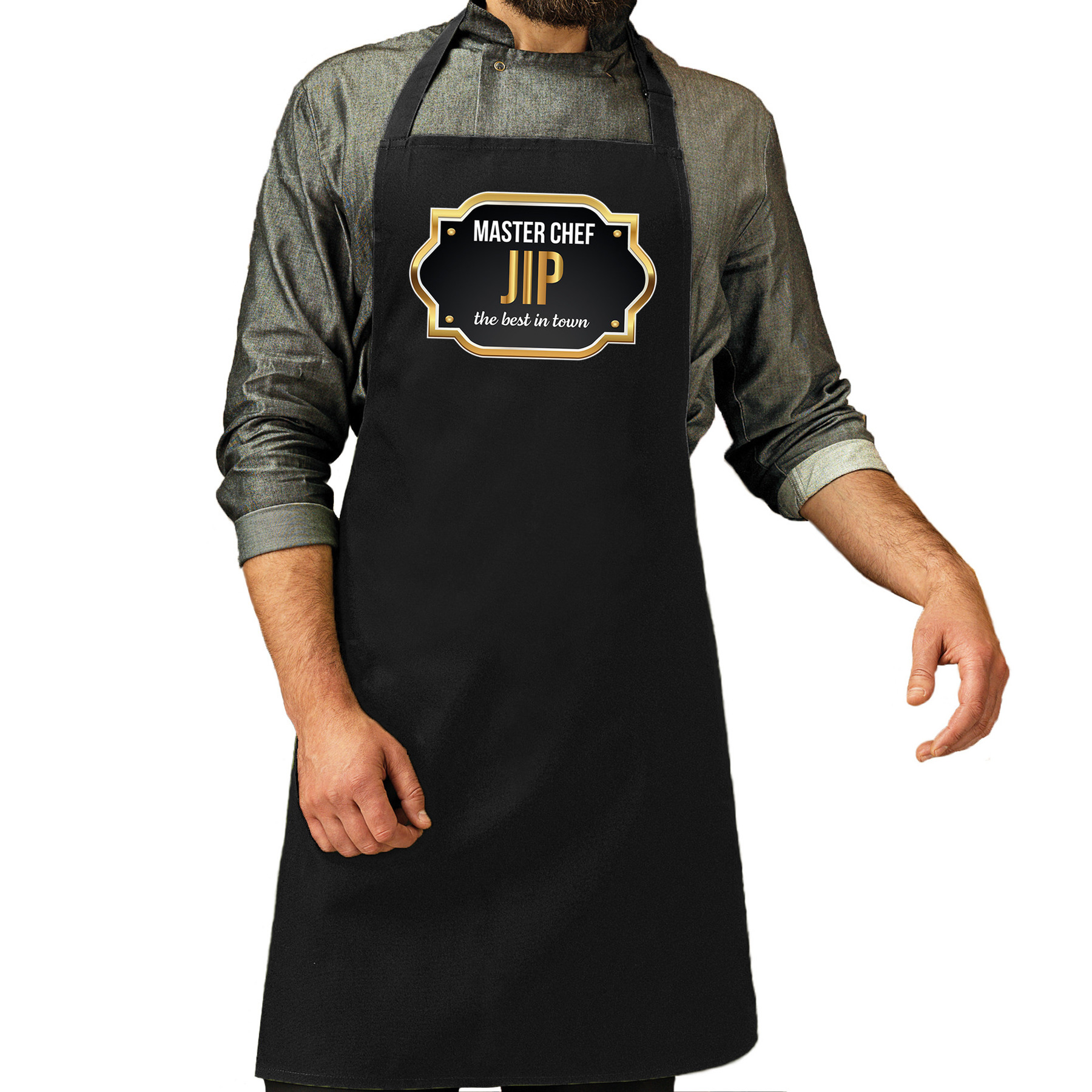 Naam cadeau master chef schort Jip zwart keukenschort cadeau