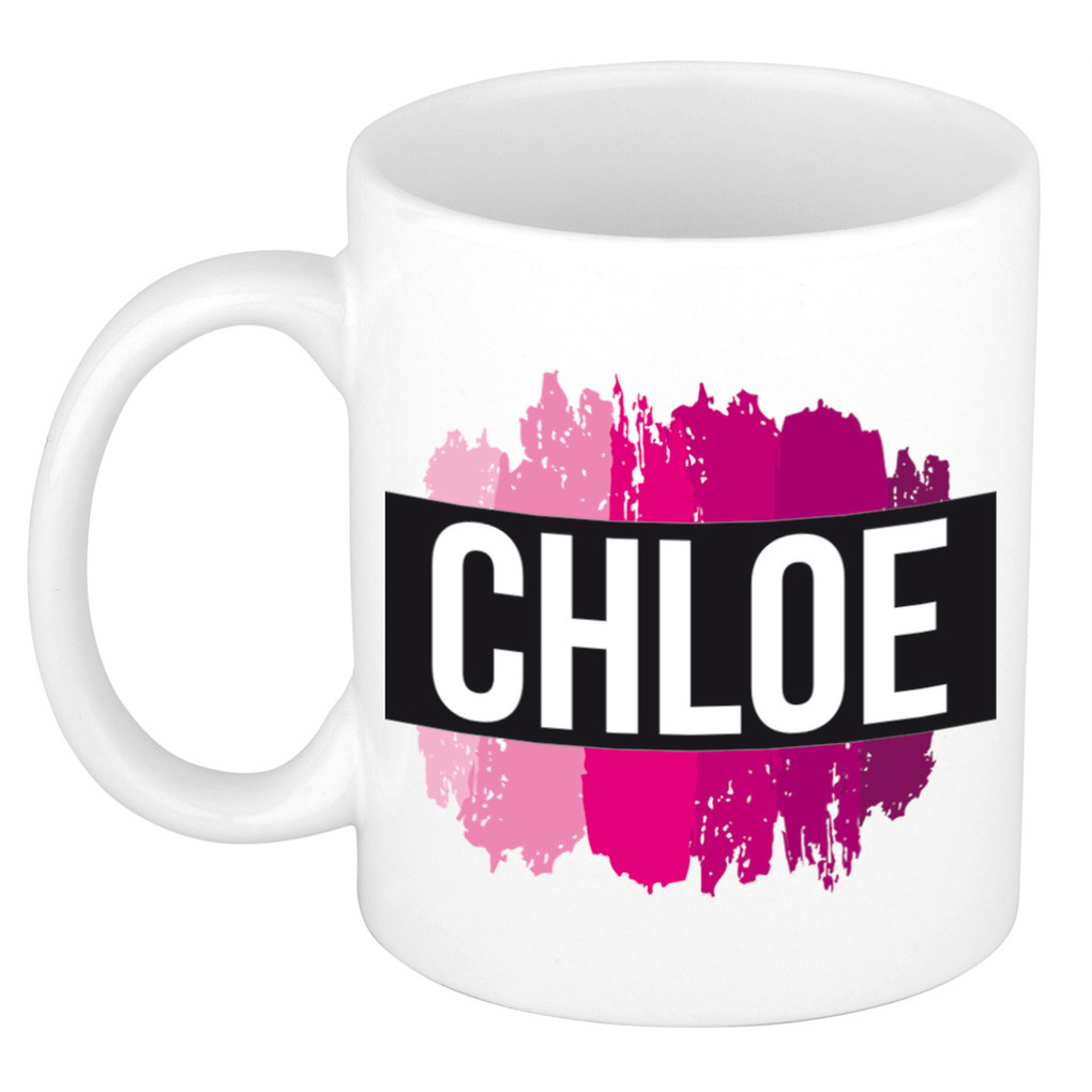 Naam cadeau mok-beker Chloe met roze verfstrepen 300 ml