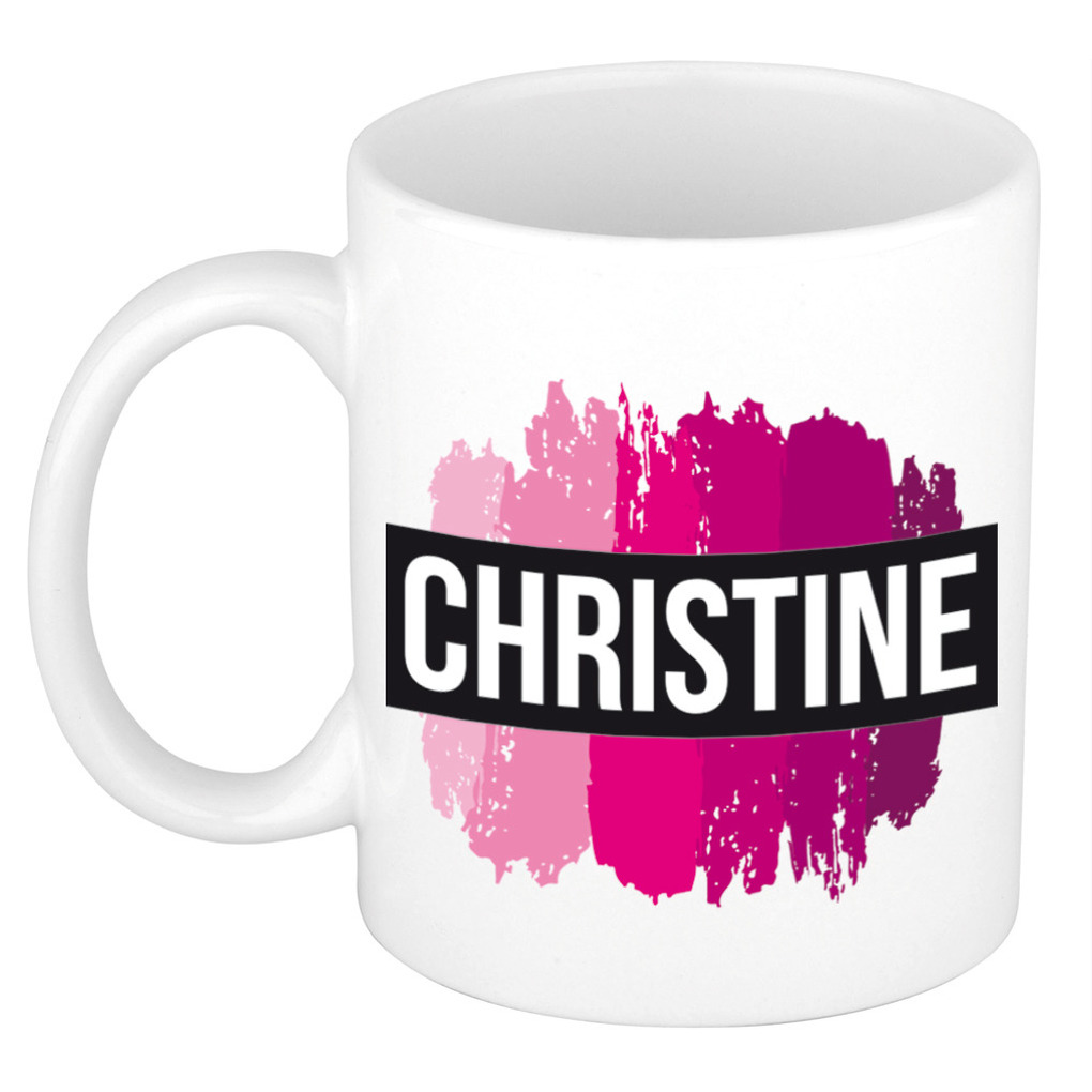 Naam cadeau mok-beker Christine met roze verfstrepen 300 ml