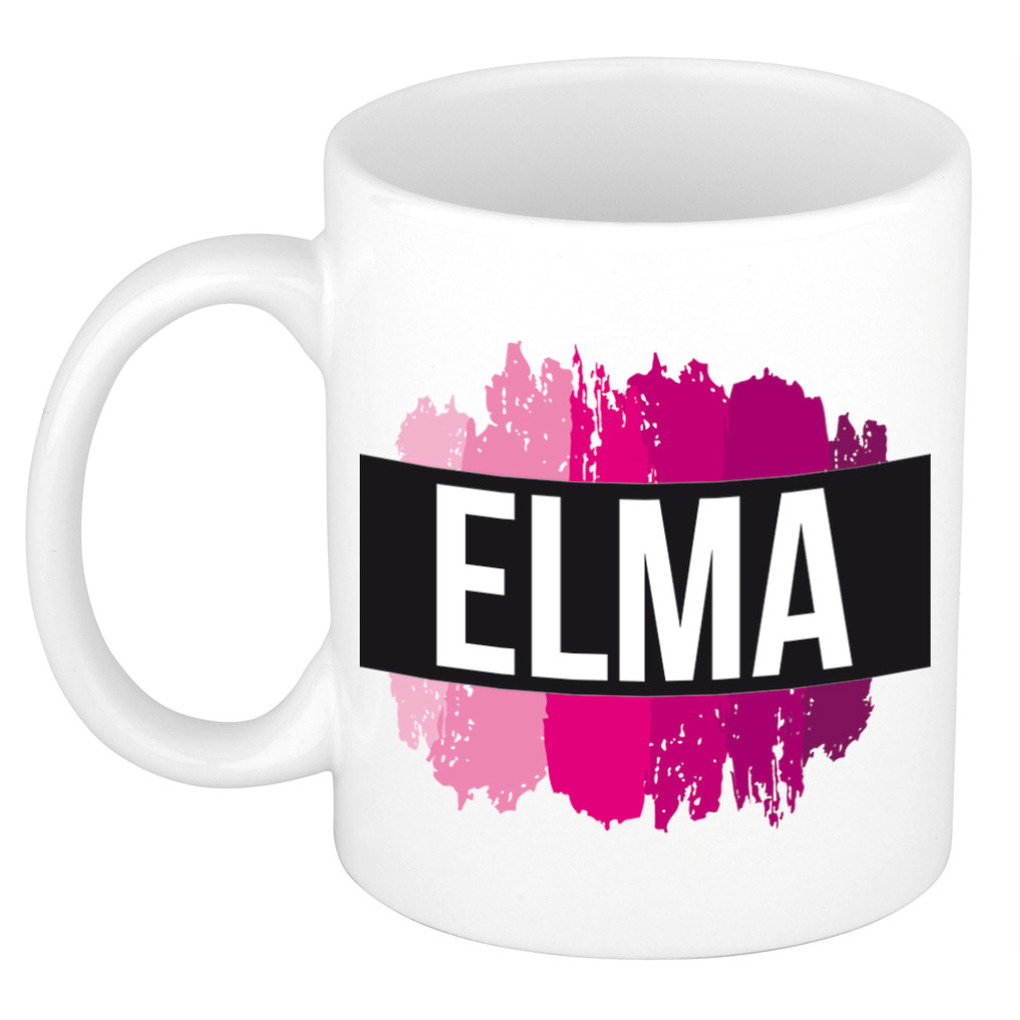 Naam cadeau mok-beker Elma met roze verfstrepen 300 ml