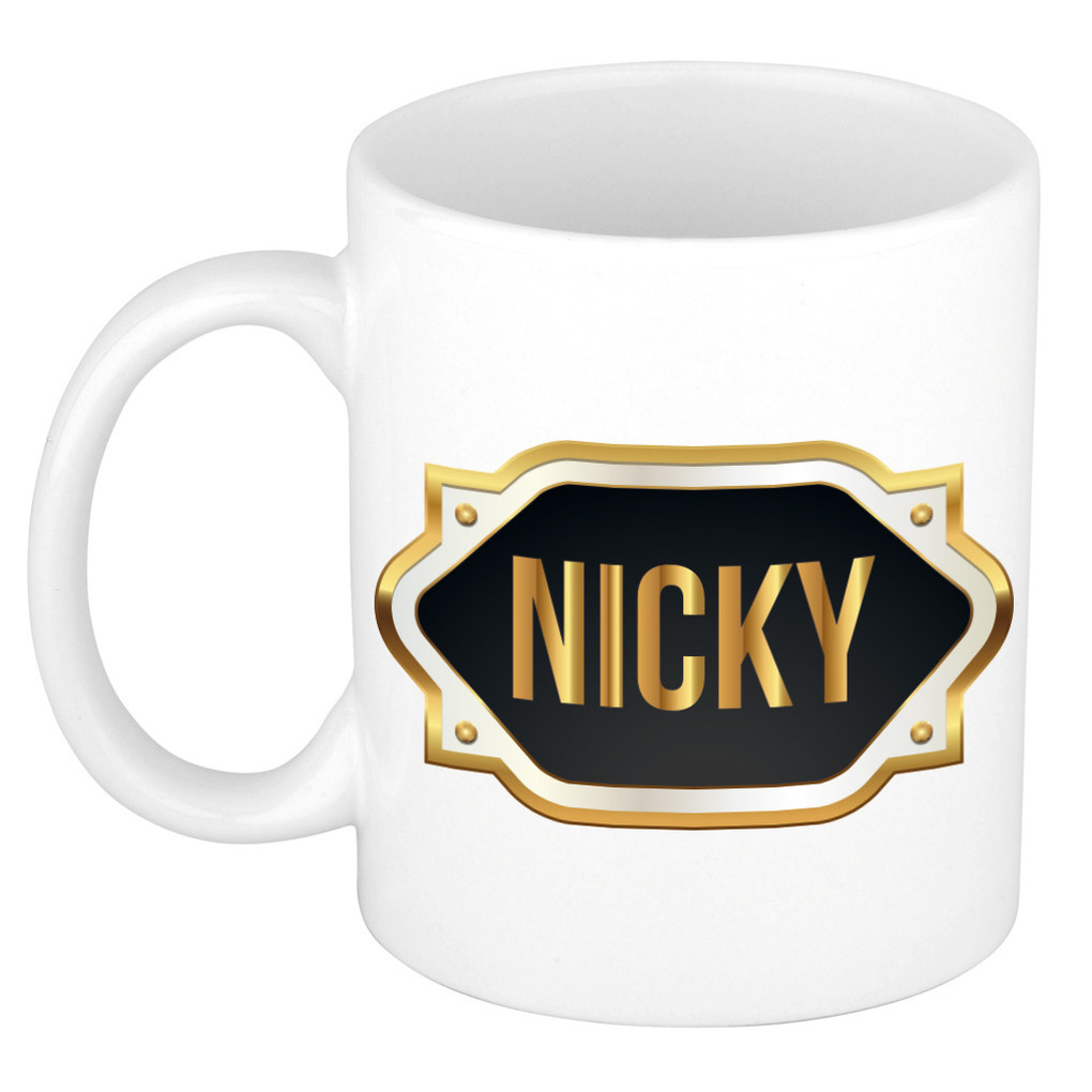 Naam cadeau mok-beker Nicky met gouden embleem 300 ml