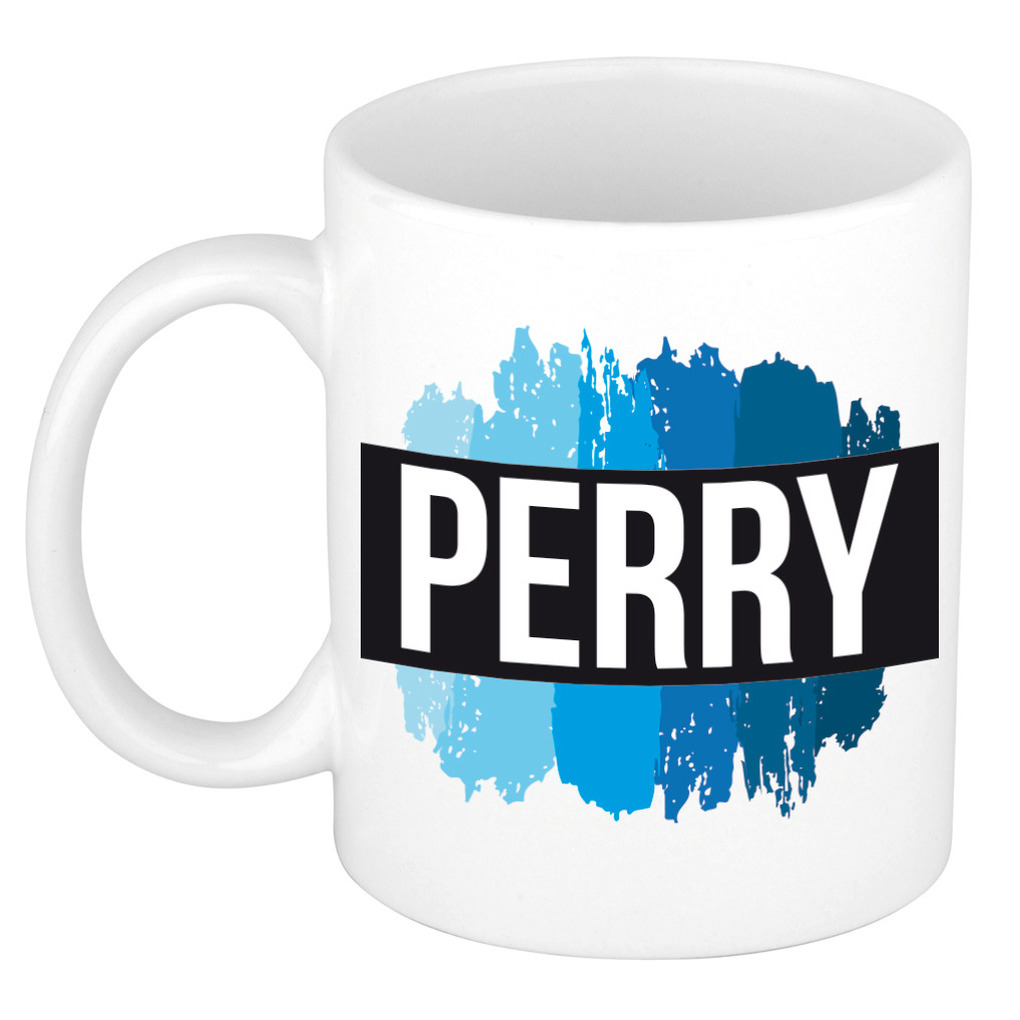 Naam cadeau mok-beker Perry met blauwe verfstrepen 300 ml