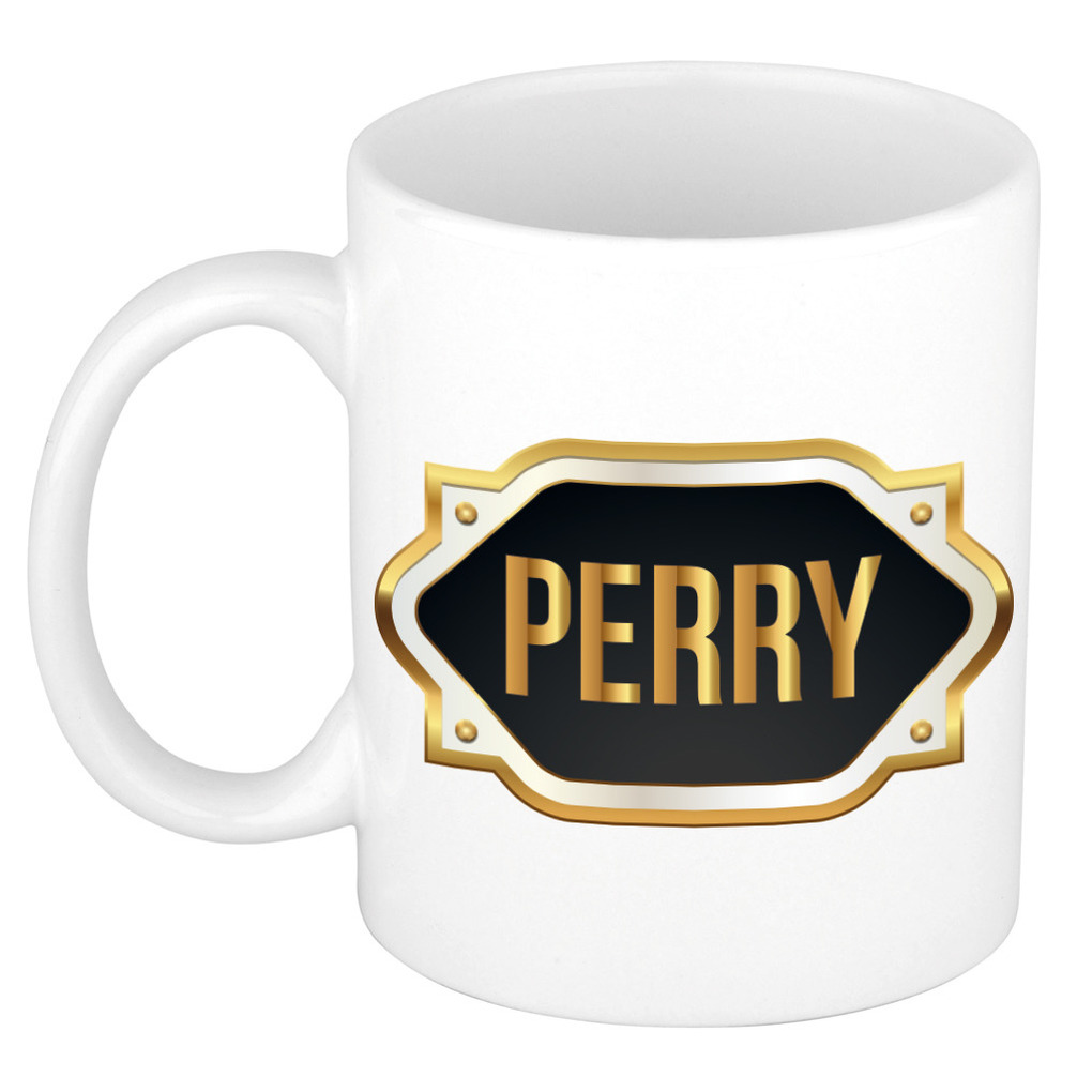 Naam cadeau mok-beker Perry met gouden embleem 300 ml