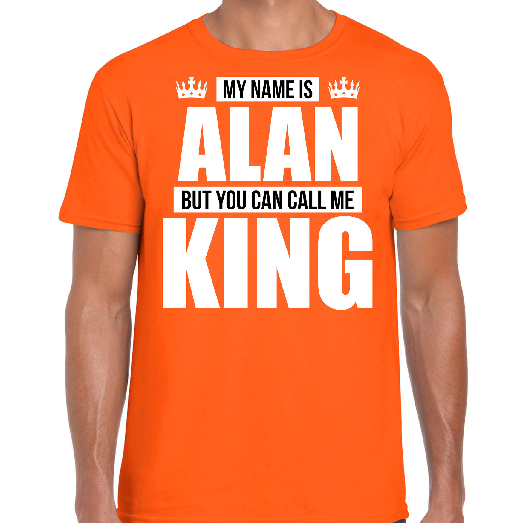 Naam cadeau t-shirt my name is Alan but you can call me King oranje voor heren