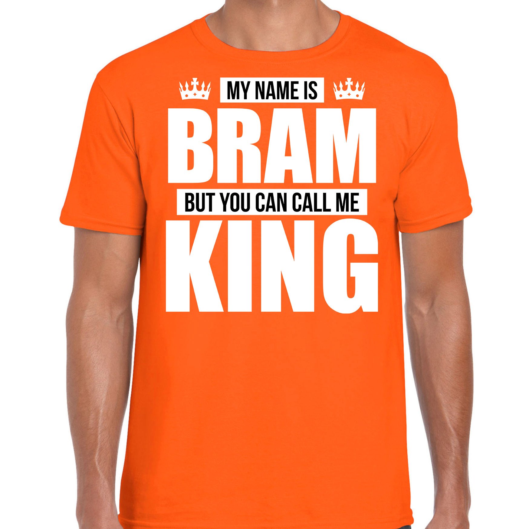 Naam cadeau t-shirt my name is Bram but you can call me King oranje voor heren