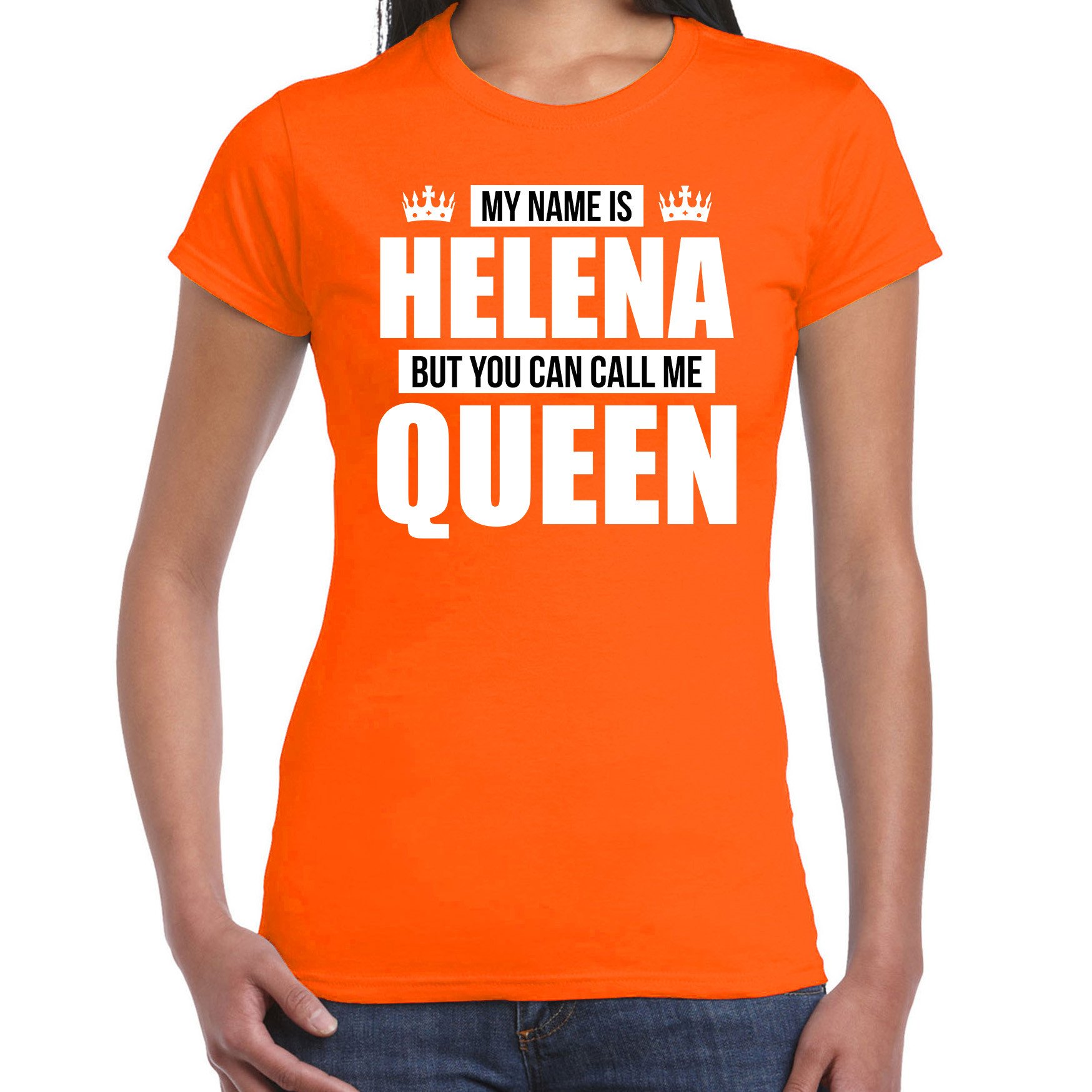 Naam cadeau t-shirt my name is Helena but you can call me Queen oranje voor dames