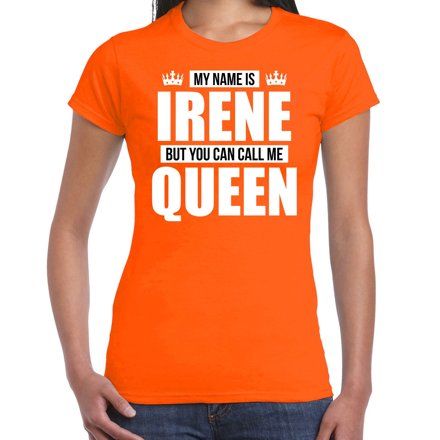 Naam cadeau t-shirt my name is Irene but you can call me Queen oranje voor dames