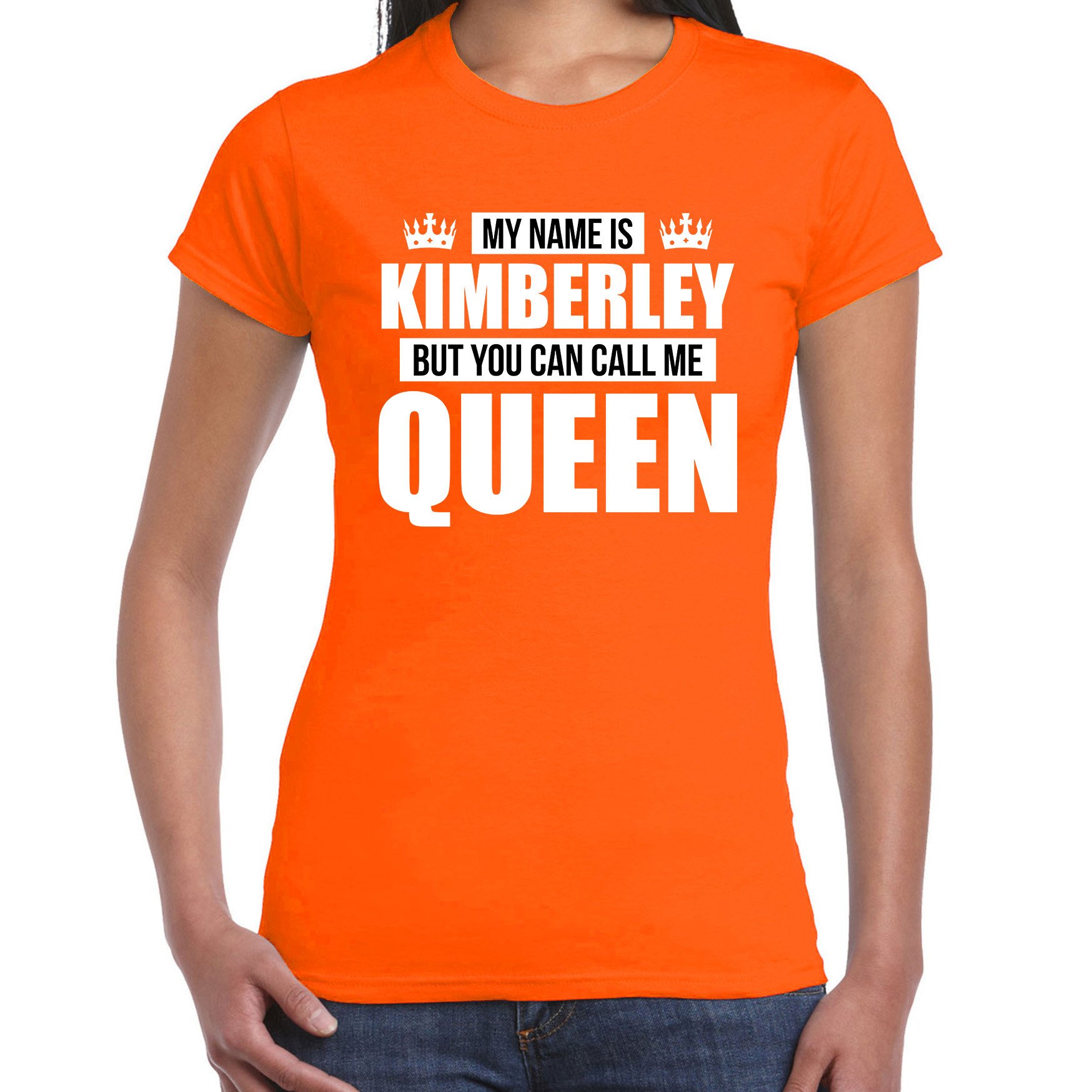 Naam cadeau t-shirt my name is Kimberley but you can call me Queen oranje voor dames
