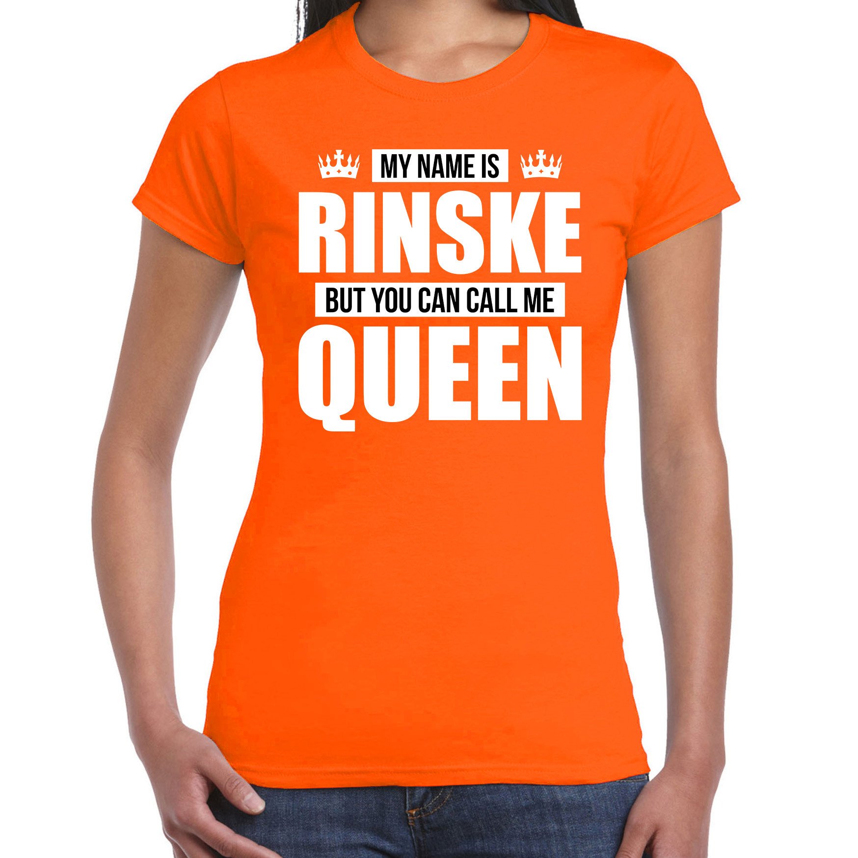 Naam cadeau t-shirt my name is Rinske but you can call me Queen oranje voor dames