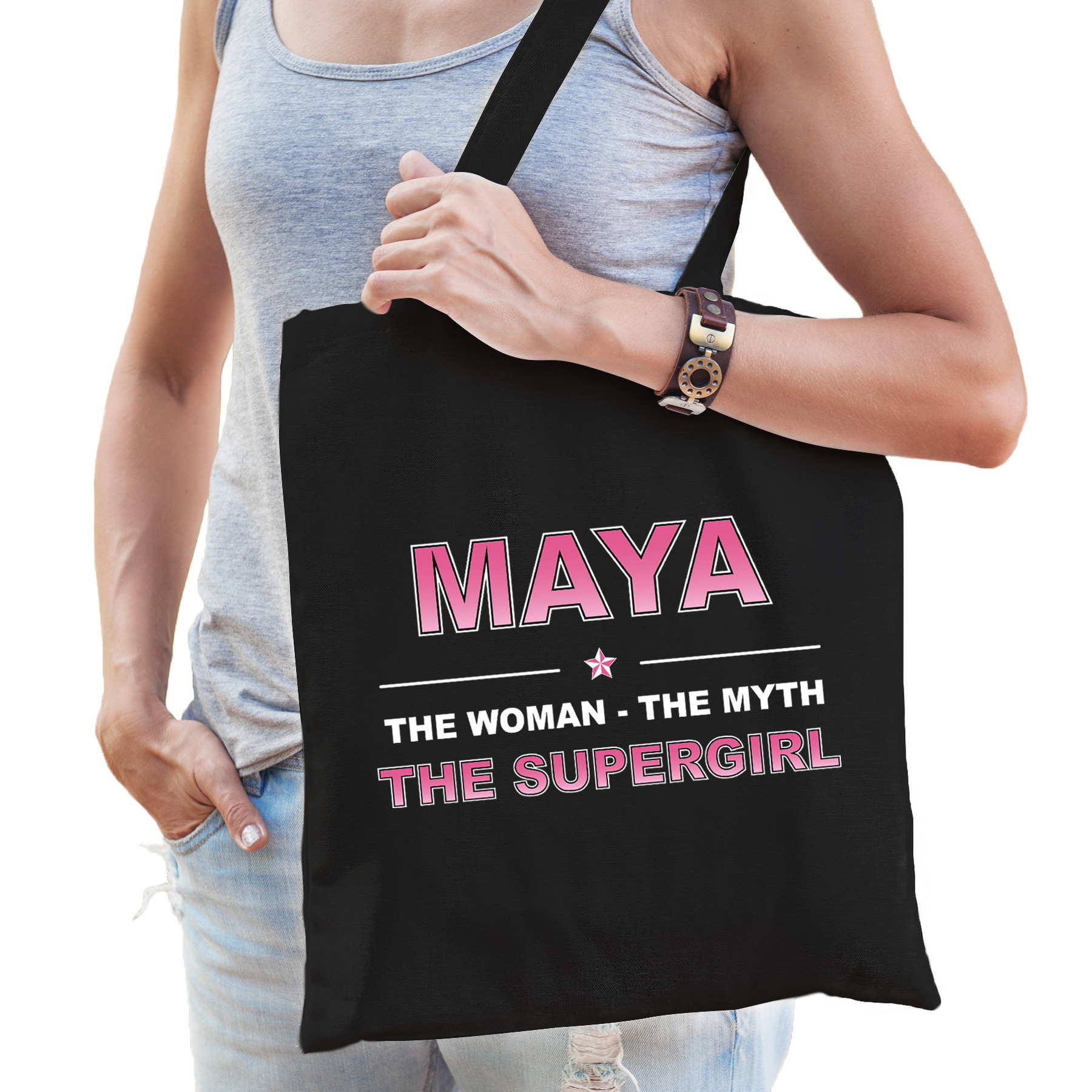 Naam cadeau tas Maya the supergirl zwart voor dames