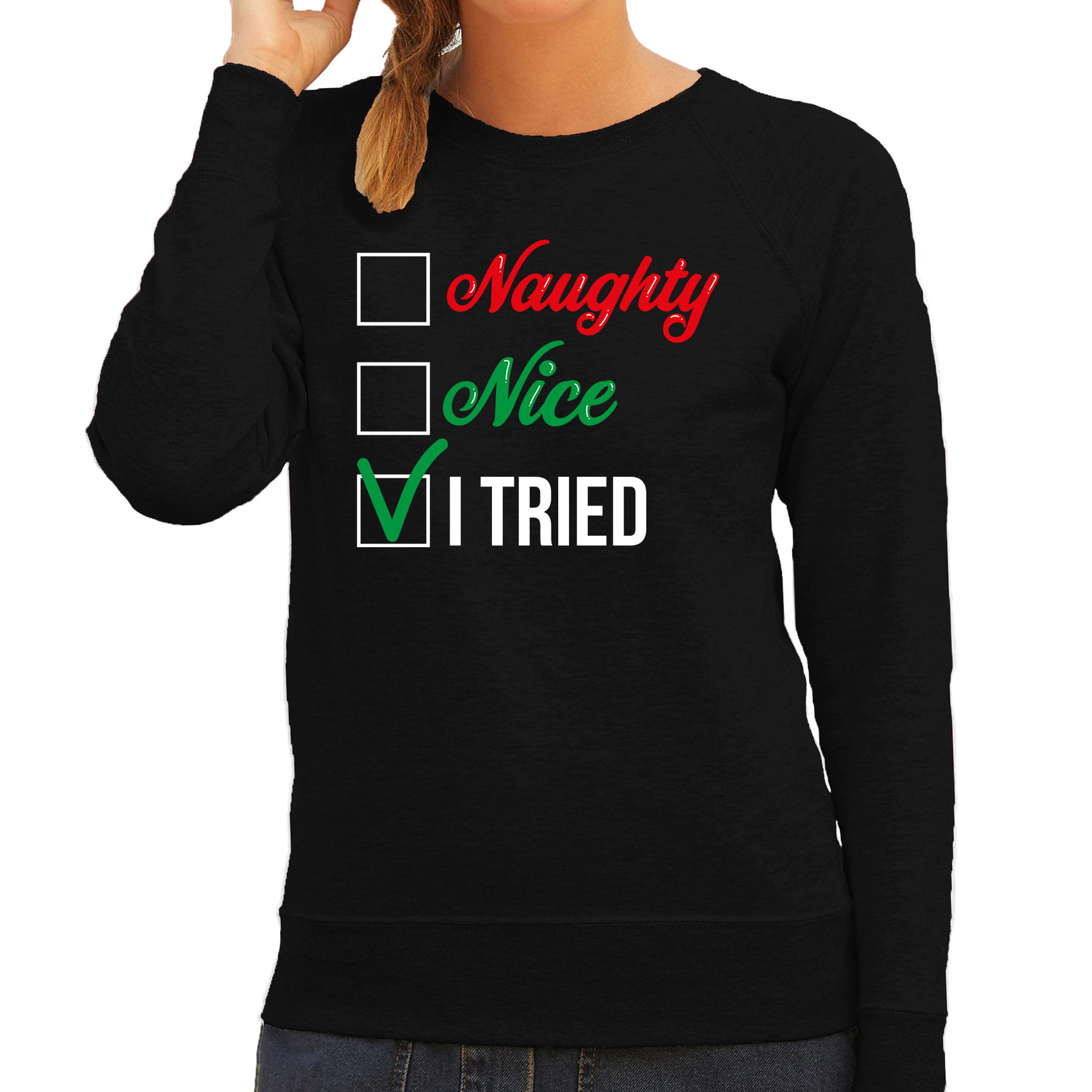 Naughty nice foute Kerstsweater-Kersttrui zwart voor dames
