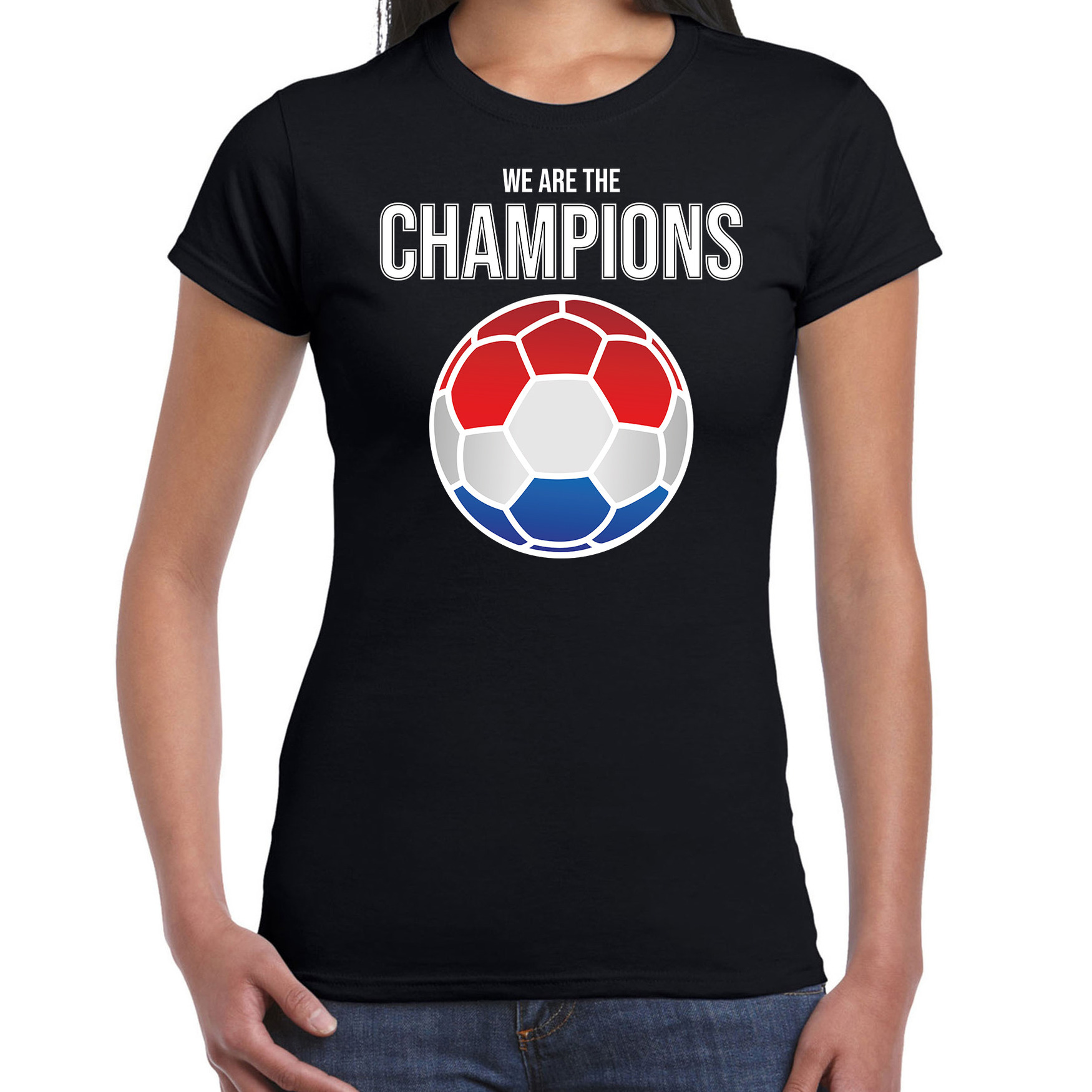 Nederland EK- WK supporter t-shirt we are the champions met Nederlandse voetbal zwart dames