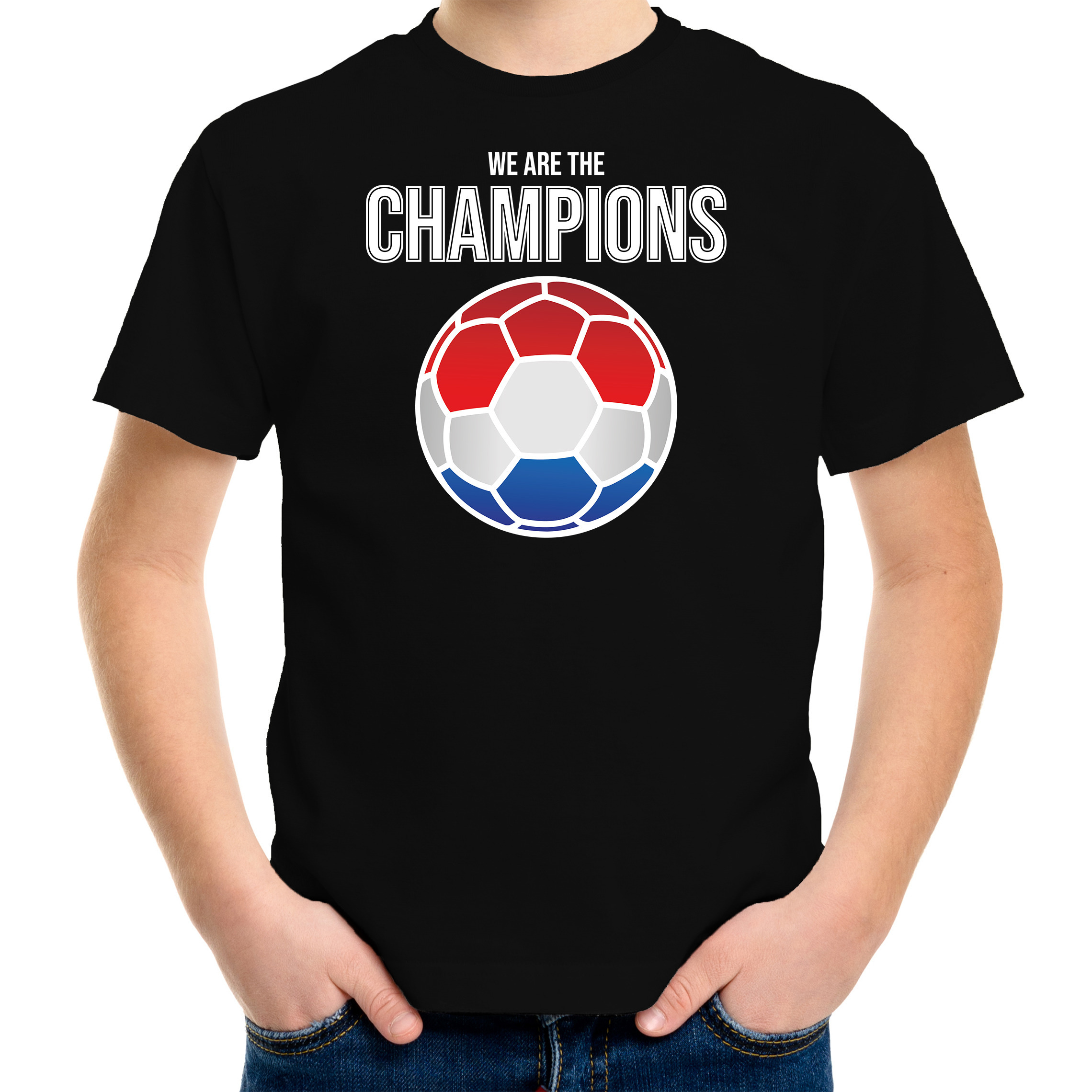 Nederland EK- WK supporter t-shirt we are the champions met Nederlandse voetbal zwart kinderen
