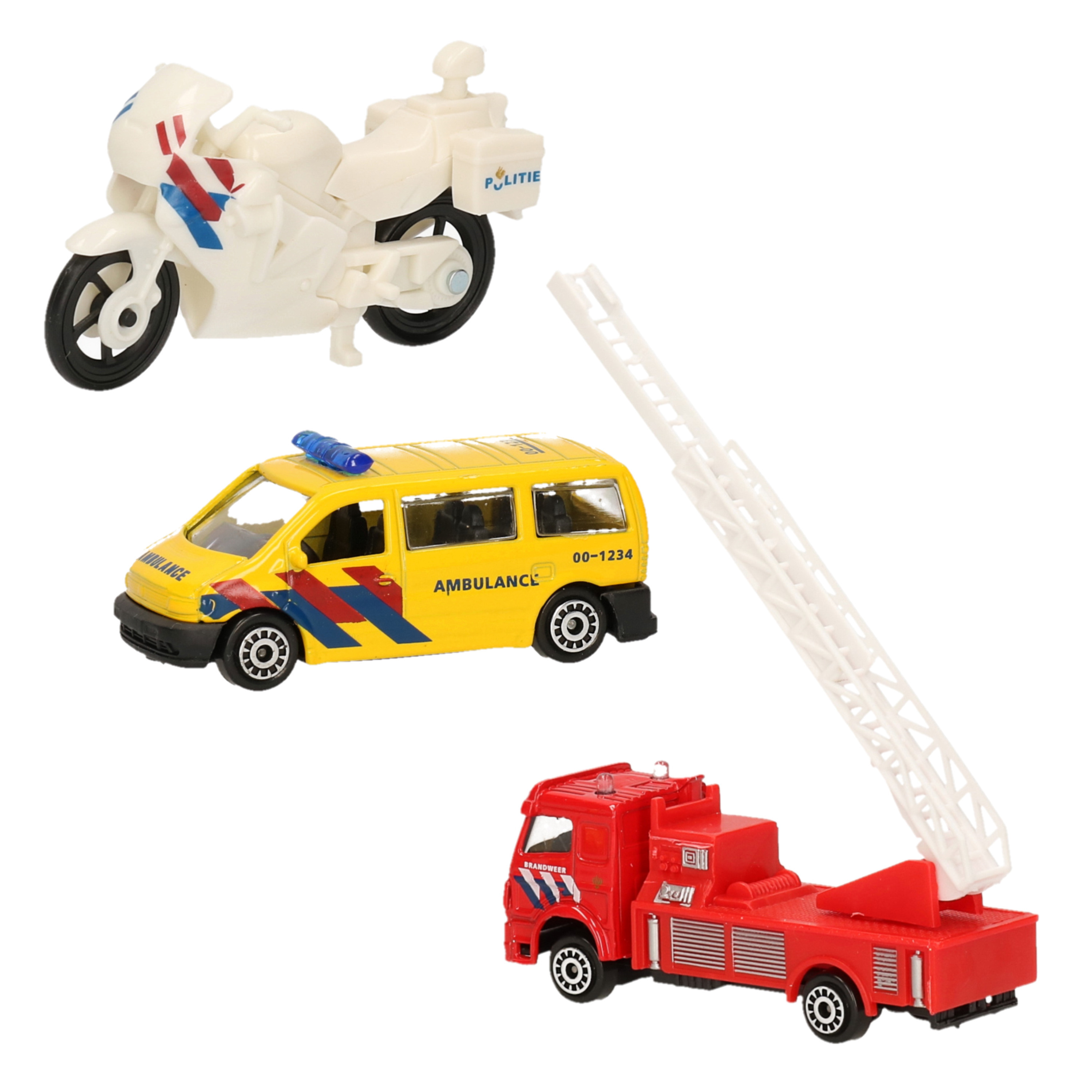 Nederlandse politie-brandweer-ambulance speelgoedauto set 7 cm