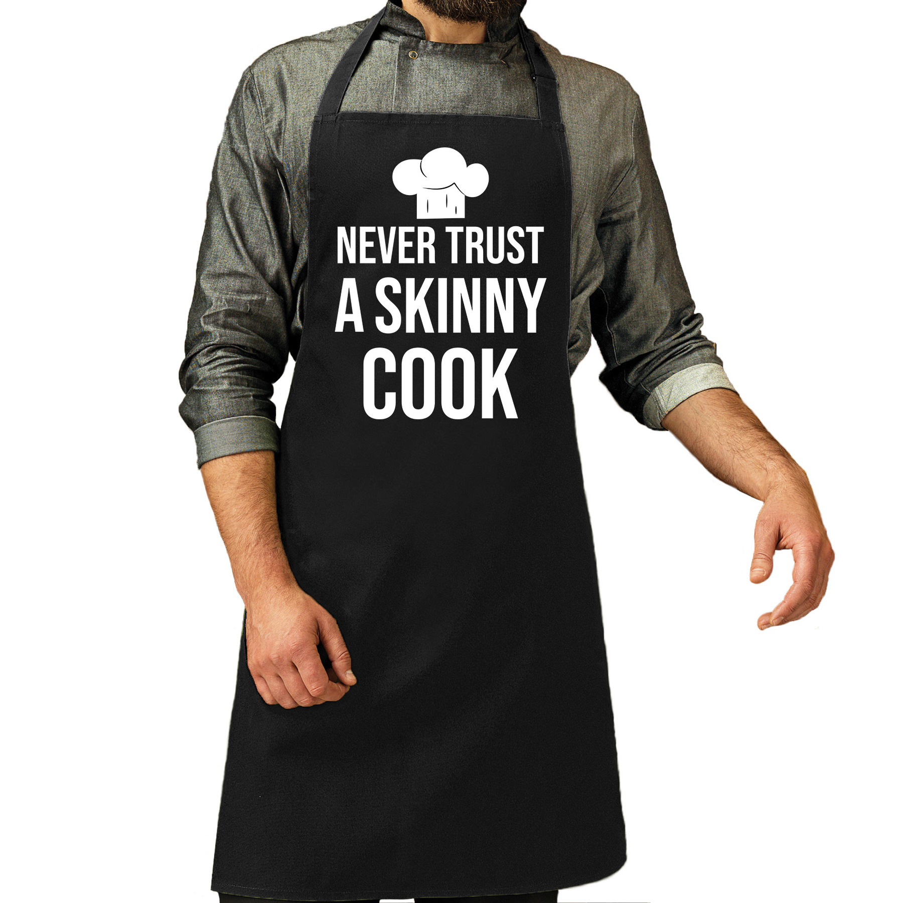Never trust a skinny cook barbecue-bbq schort zwart voor heren
